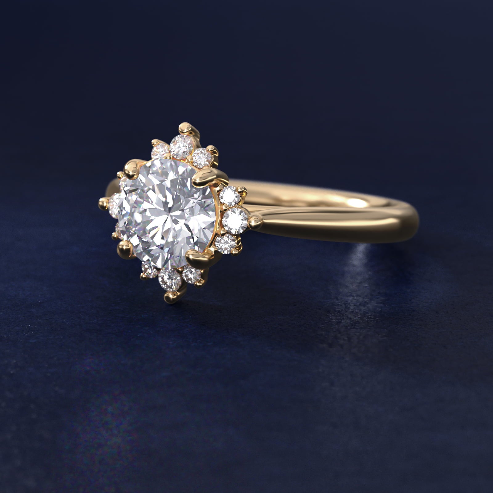 Delicate Ballerina Halo Diamond Engagement Ring in 14k Yellow Gold - Round Center