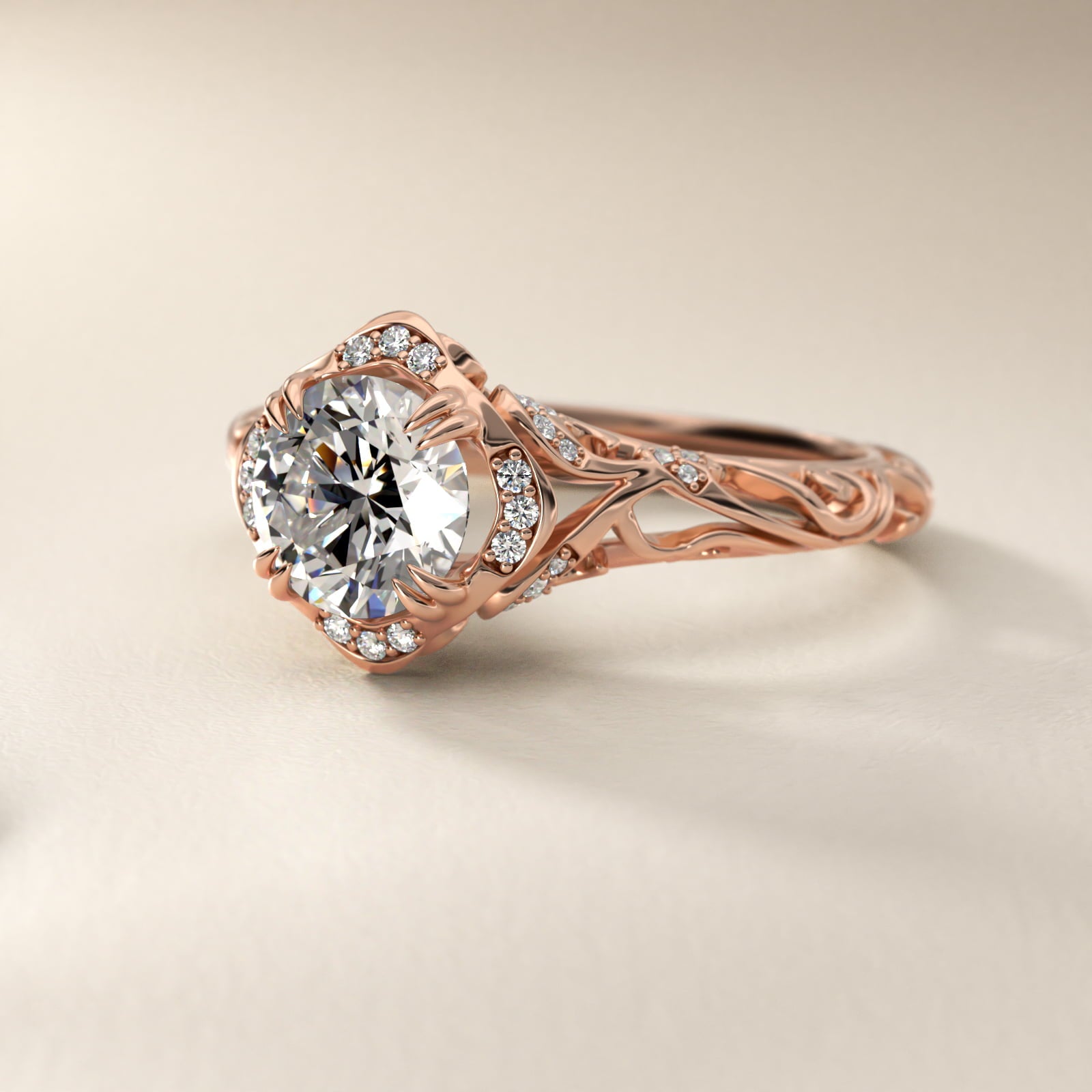 Diamond Filigree Vintage-Style Engagement Ring In 14K Rose Gold By James Allen - Round Center