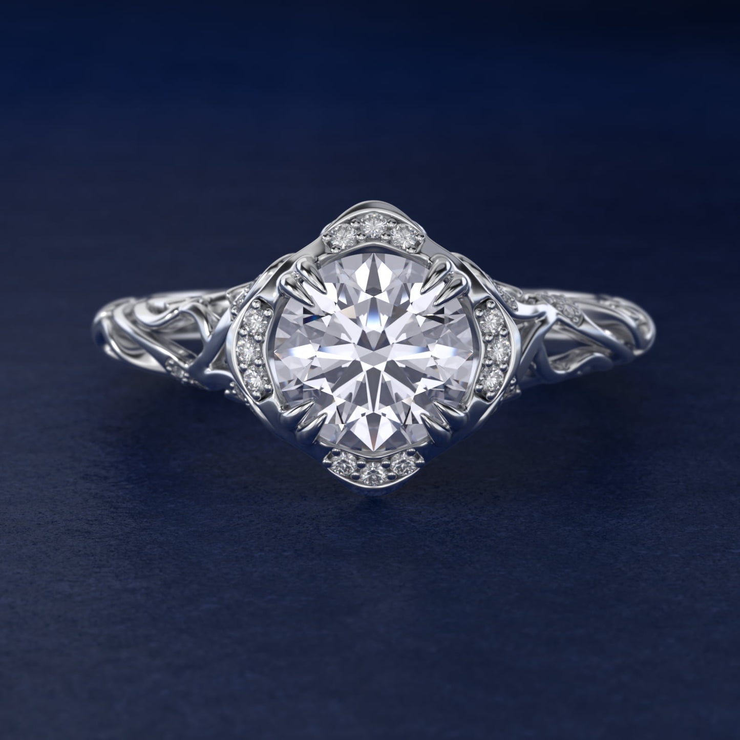 Diamond Filigree Vintage-Style Engagement Ring In 14K White Gold By James Allen - Round Center