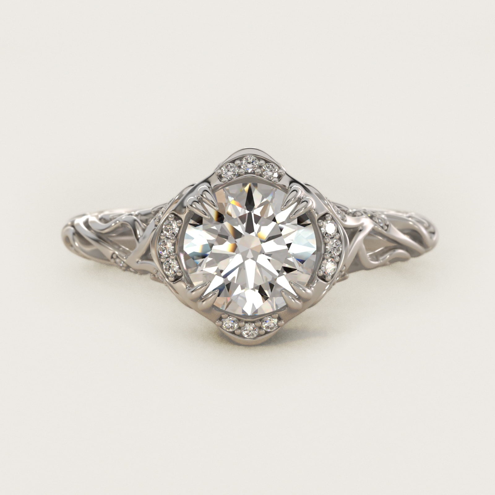 Diamond Filigree Vintage-Style Engagement Ring In 18k White Gold By James Allen - Round Center