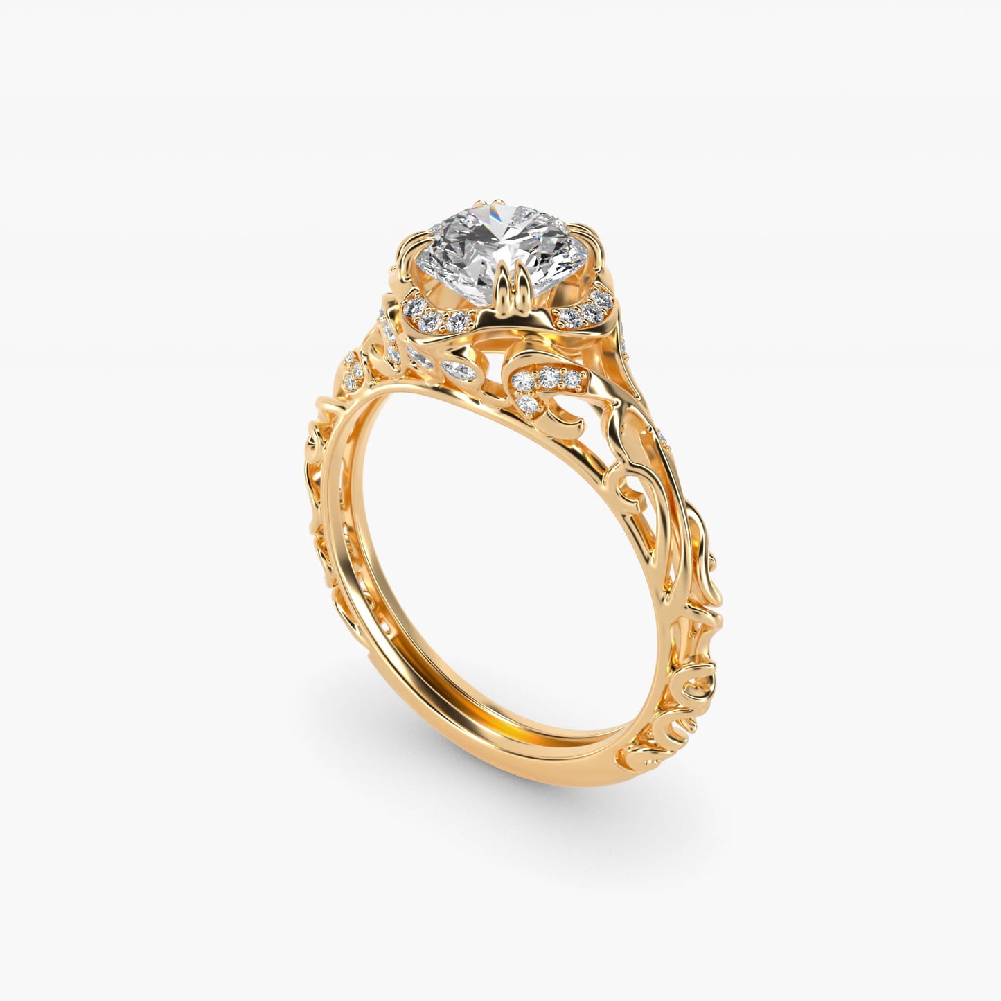 Diamond Filigree Vintage-Style Engagement Ring In 18k Yellow Gold By James Allen - Round Center