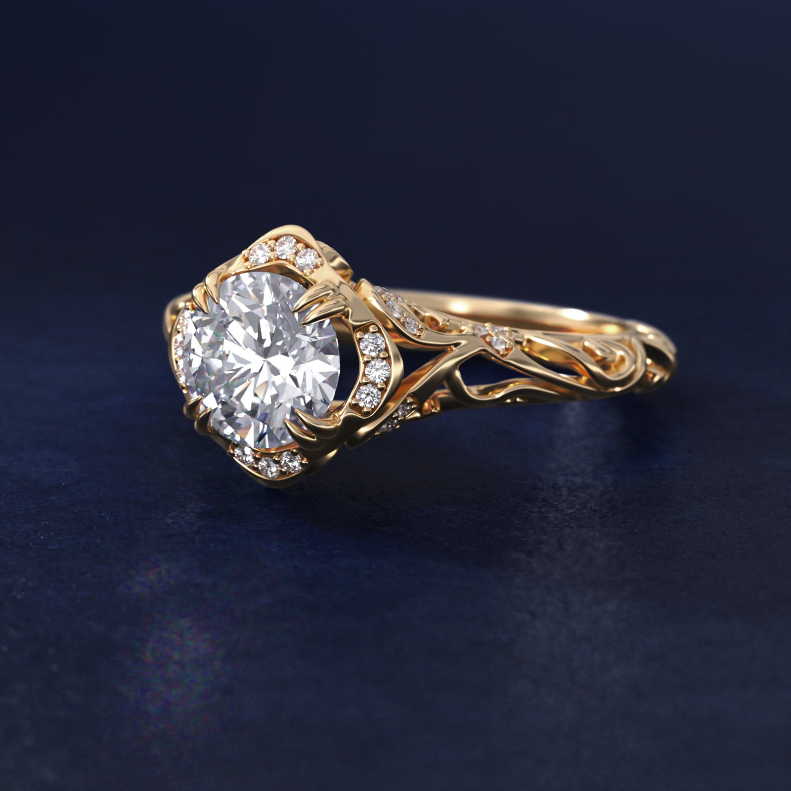 Diamond Filigree Vintage-Style Engagement Ring In 18k Yellow Gold By James Allen - Round Center