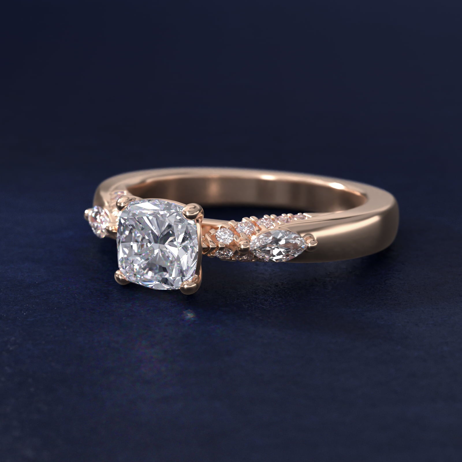 Diamond Marquise Shoulder Engagement Ring in 18k Rose Gold (1/4 ct. tw.) - Cushion Center