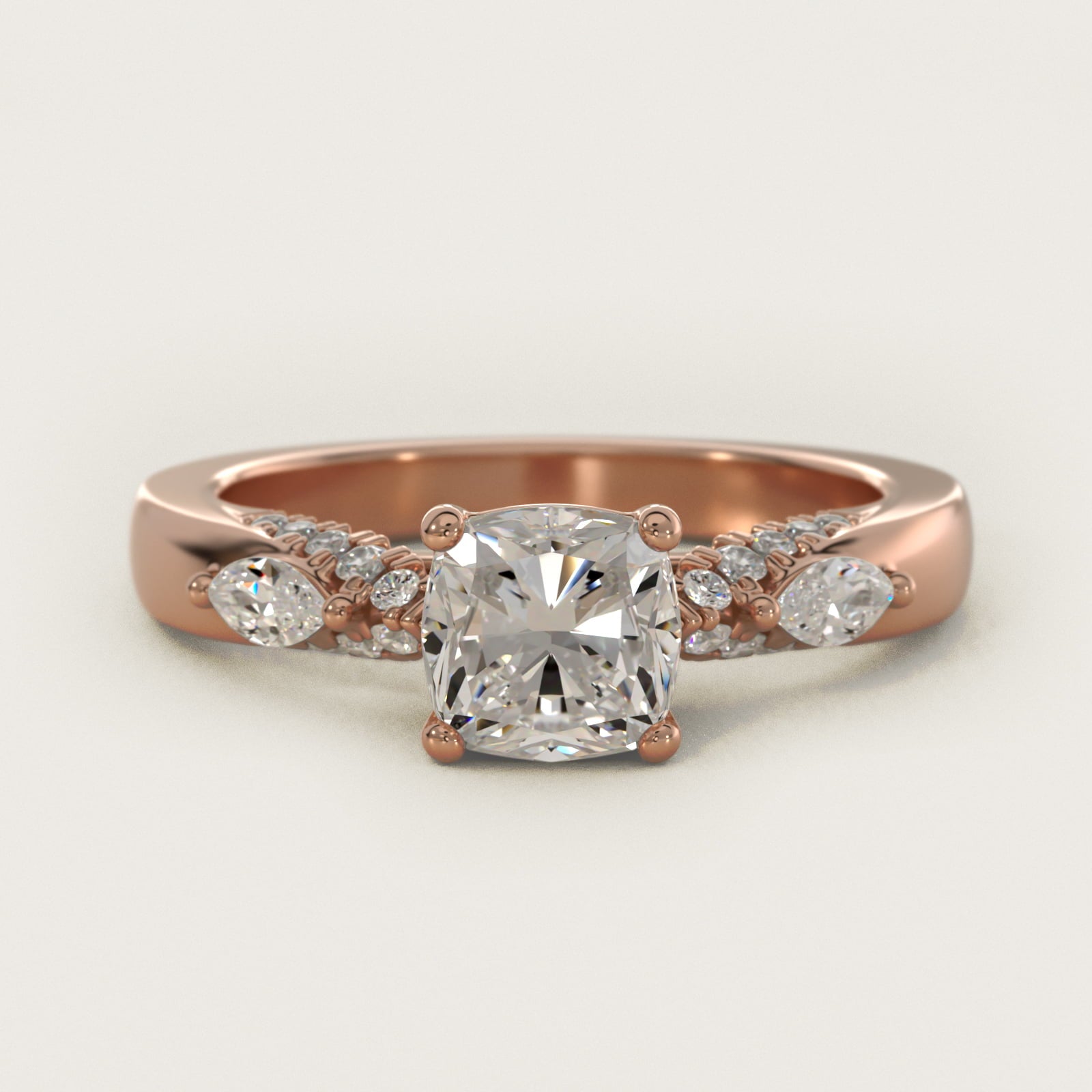 Diamond Marquise Shoulder Engagement Ring in 18k Rose Gold (1/4 ct. tw.) - Cushion Center