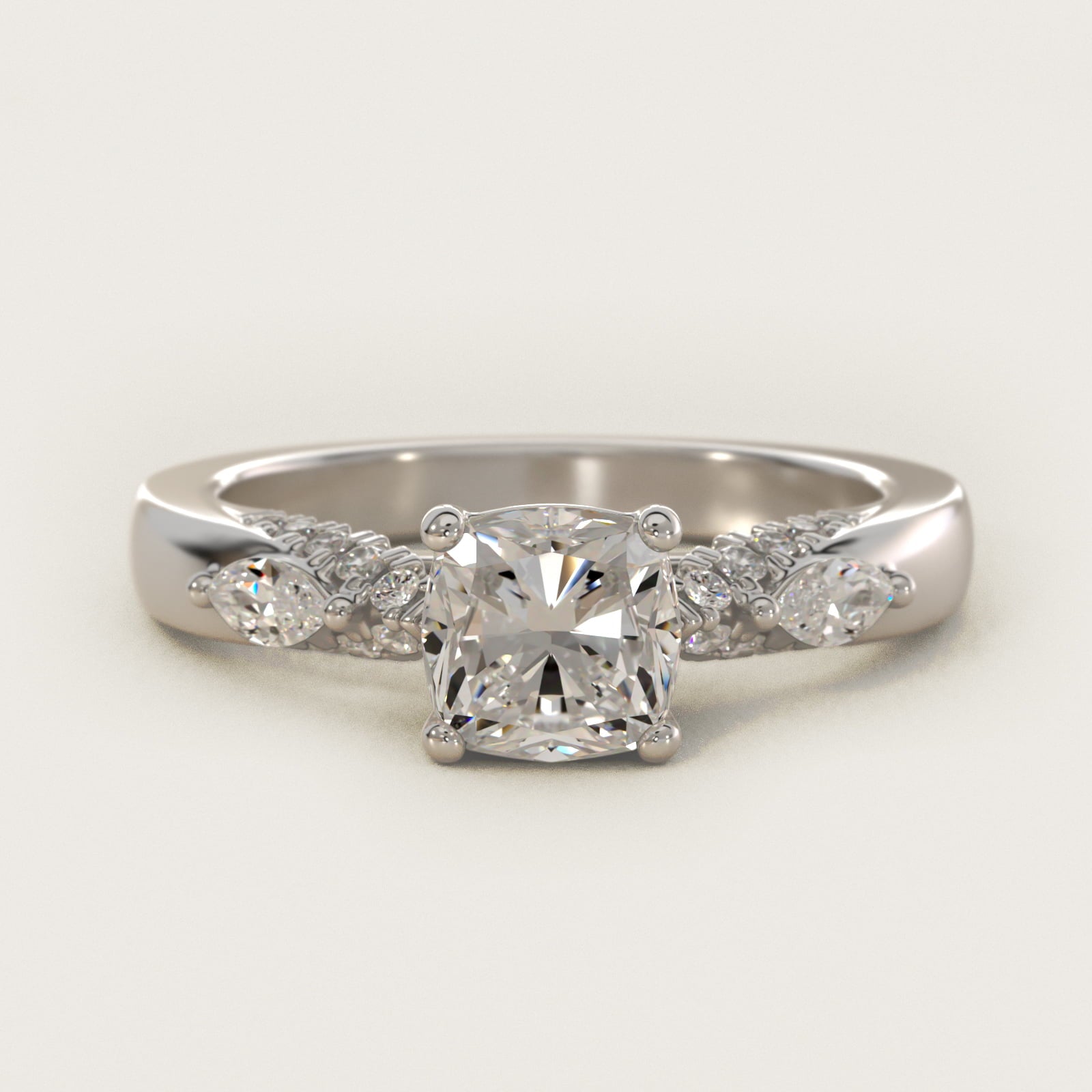 Diamond Marquise Shoulder Engagement Ring in 18k White Gold (1/4 ct. tw.) - Cushion Center