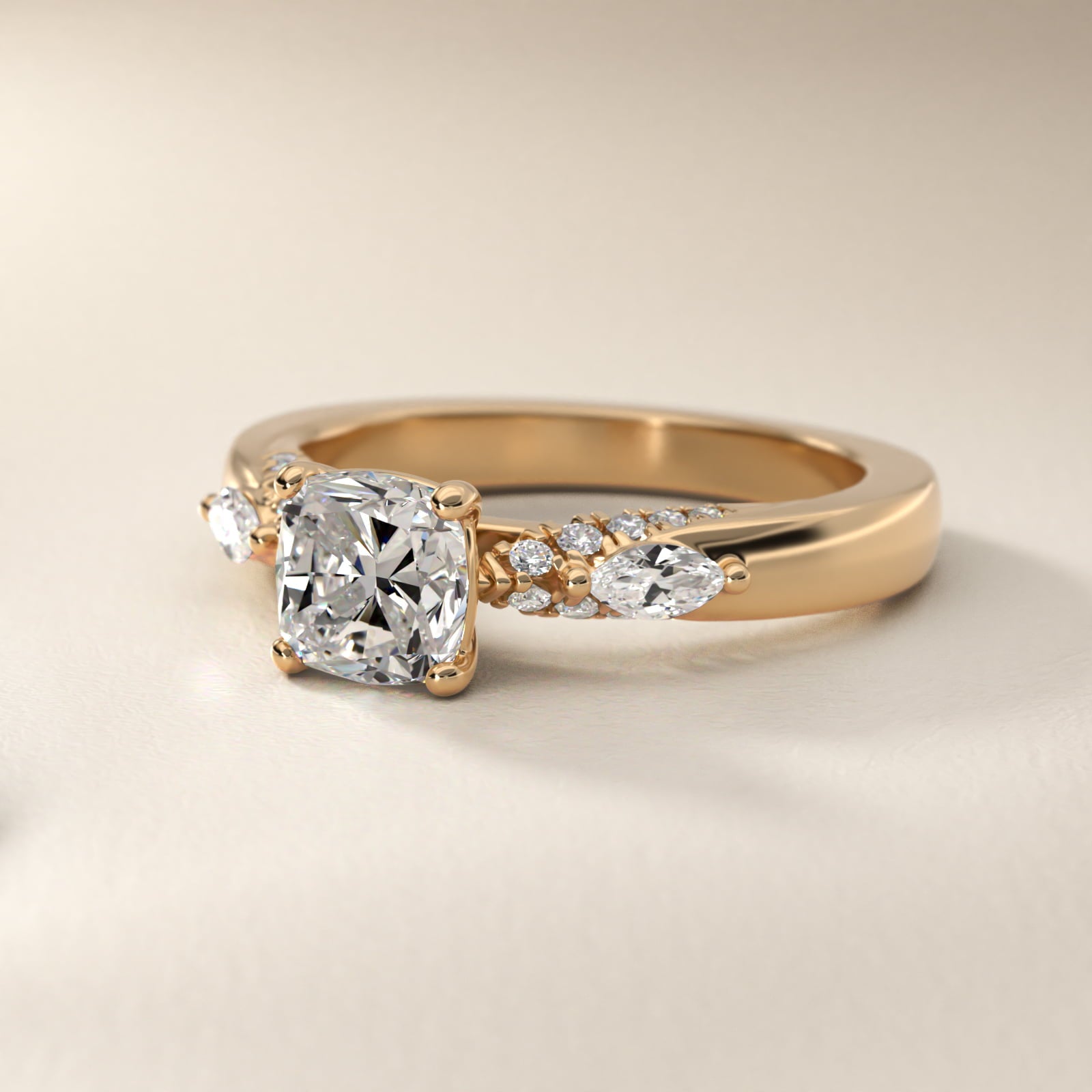 Diamond Marquise Shoulder Engagement Ring in 14k Yellow Gold (1/4 ct. tw.) - Cushion Center
