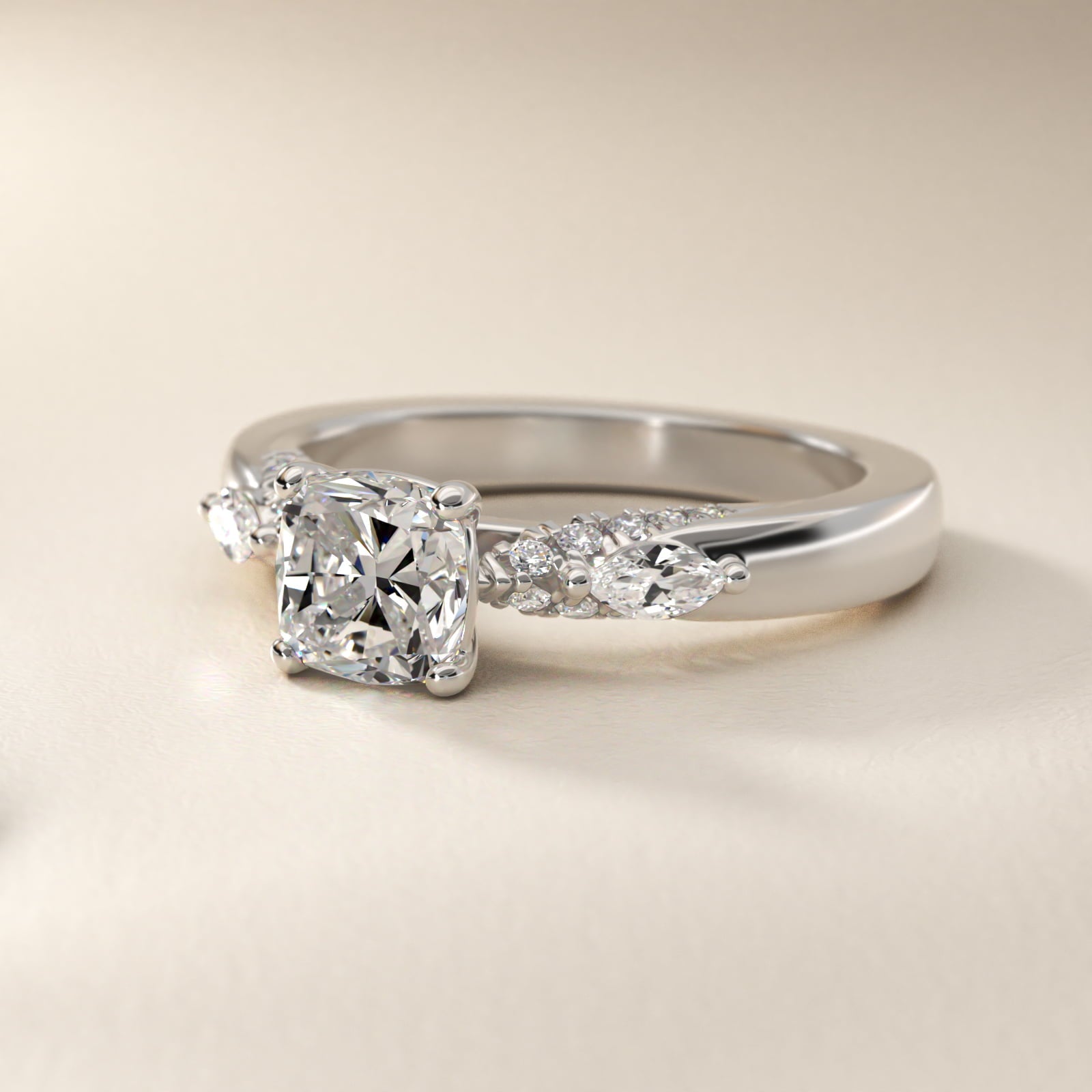 Diamond Marquise Shoulder Engagement Ring in Platinum (1/4 ct. tw.) - Cushion Center