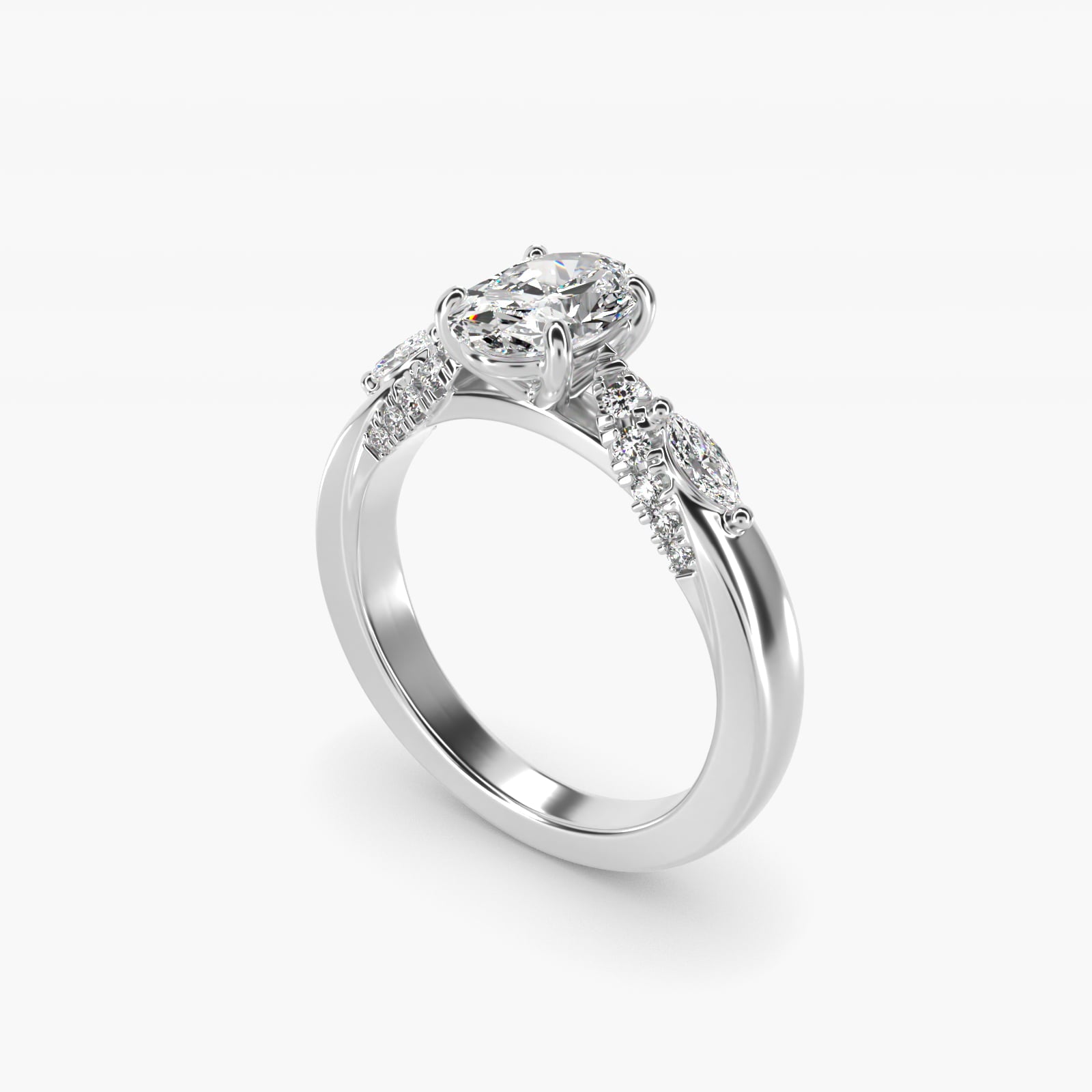 Diamond Marquise Shoulder Engagement Ring in 18k White Gold (1/4 ct. tw.) - Oval Center