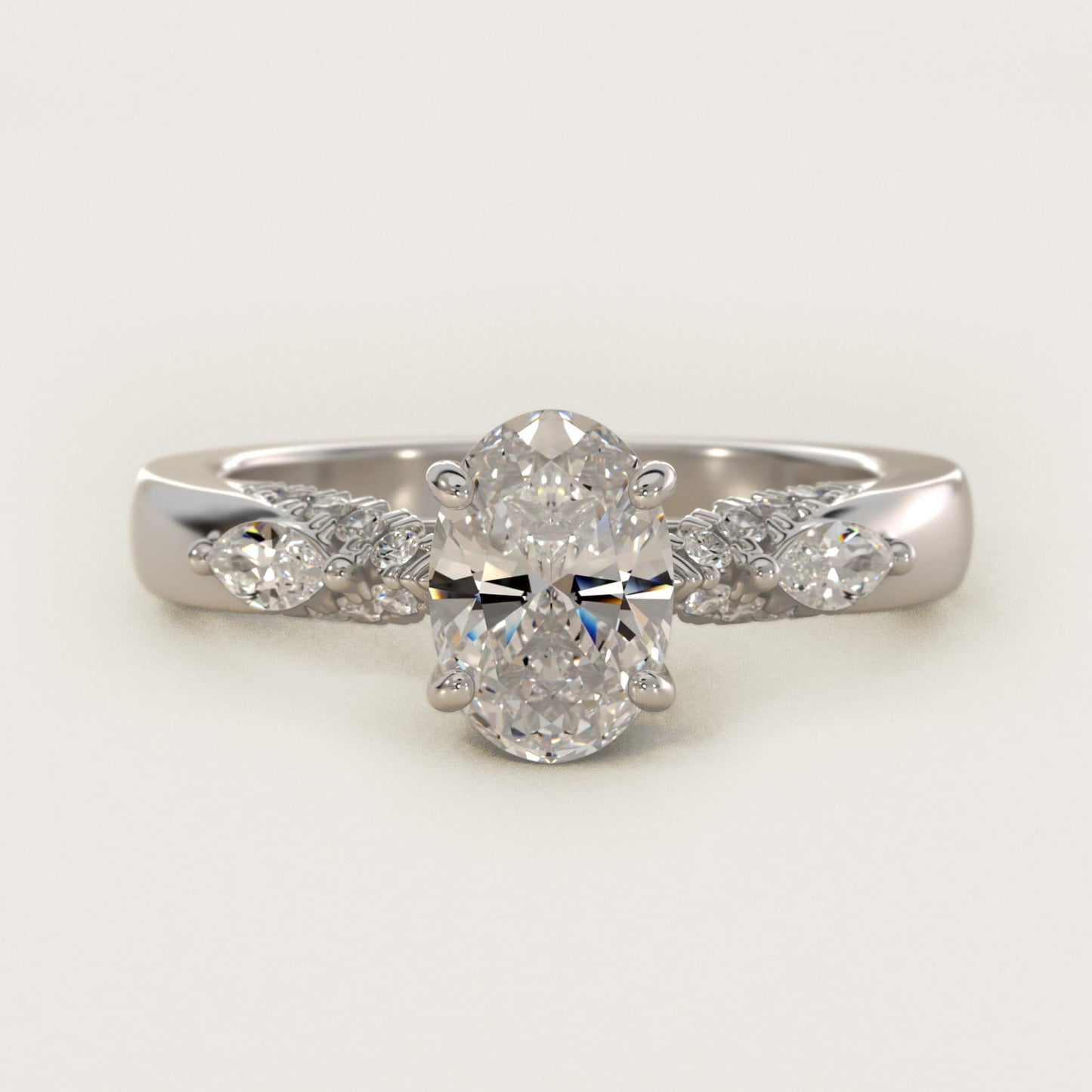Diamond Marquise Shoulder Engagement Ring in 18k White Gold (1/4 ct. tw.) - Oval Center