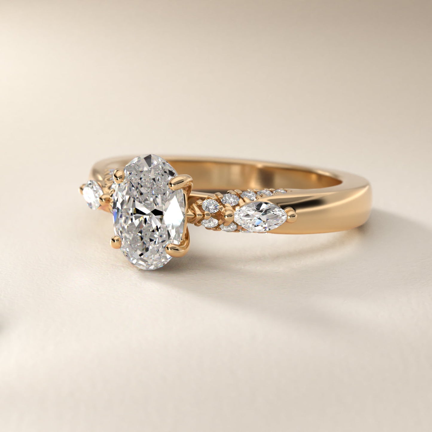 Diamond Marquise Shoulder Engagement Ring in 14k Yellow Gold (1/4 ct. tw.) - Oval Center