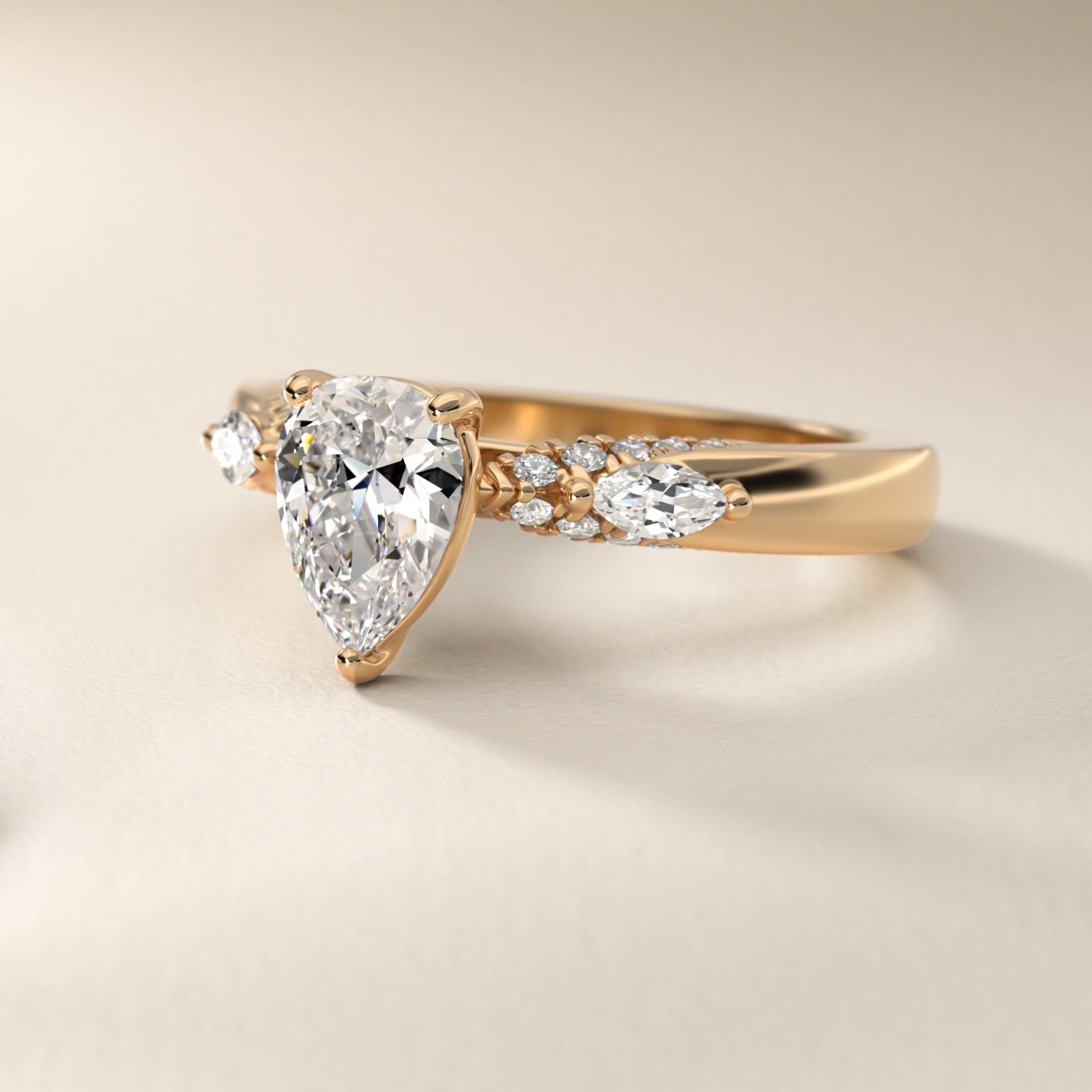 Diamond Marquise Shoulder Engagement Ring in 14k Yellow Gold (1/4 ct. tw.) - Pear Center