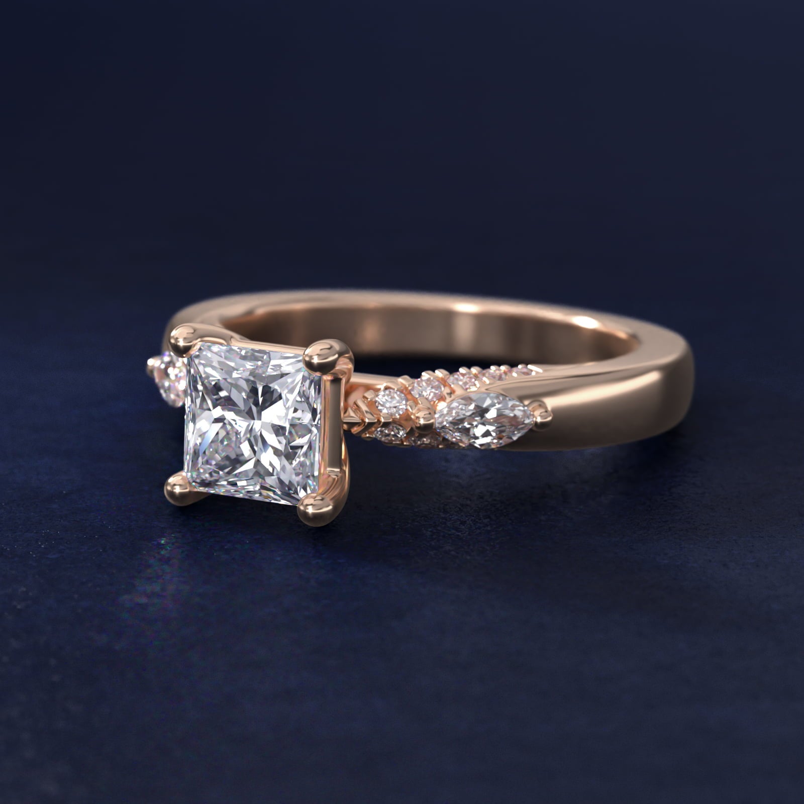 Diamond Marquise Shoulder Engagement Ring in 18k Rose Gold (1/4 ct. tw.) - Princess Center