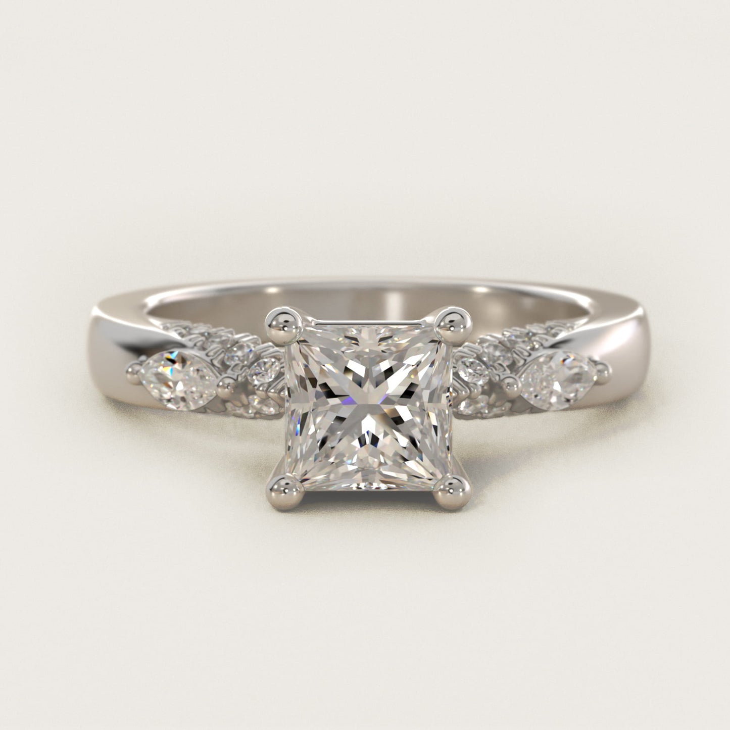 Diamond Marquise Shoulder Engagement Ring in 18k White Gold (1/4 ct. tw.) - Princess Center