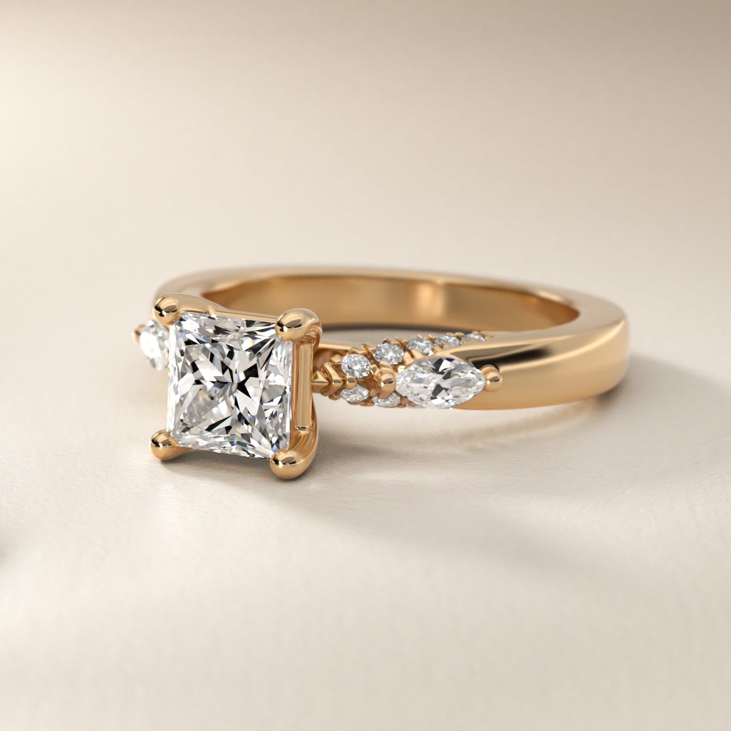 Diamond Marquise Shoulder Engagement Ring in 18k Yellow Gold (1/4 ct. tw.) - Princess Center