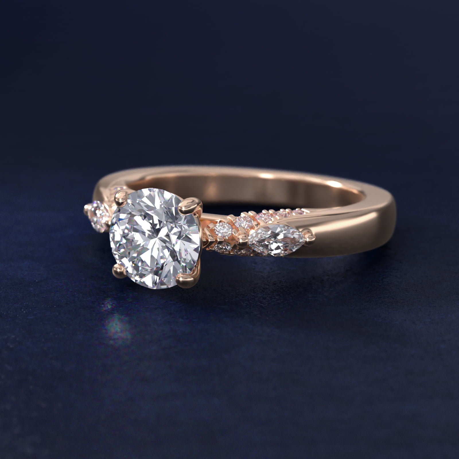 Diamond Marquise Shoulder Engagement Ring in 14k Rose Gold (1/4 ct. tw.) - Round Center
