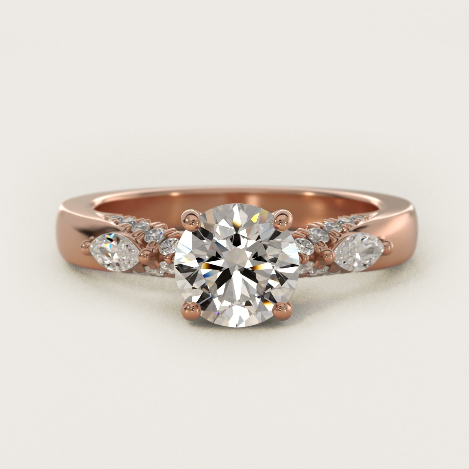 Diamond Marquise Shoulder Engagement Ring in 14k Rose Gold (1/4 ct. tw.) - Round Center