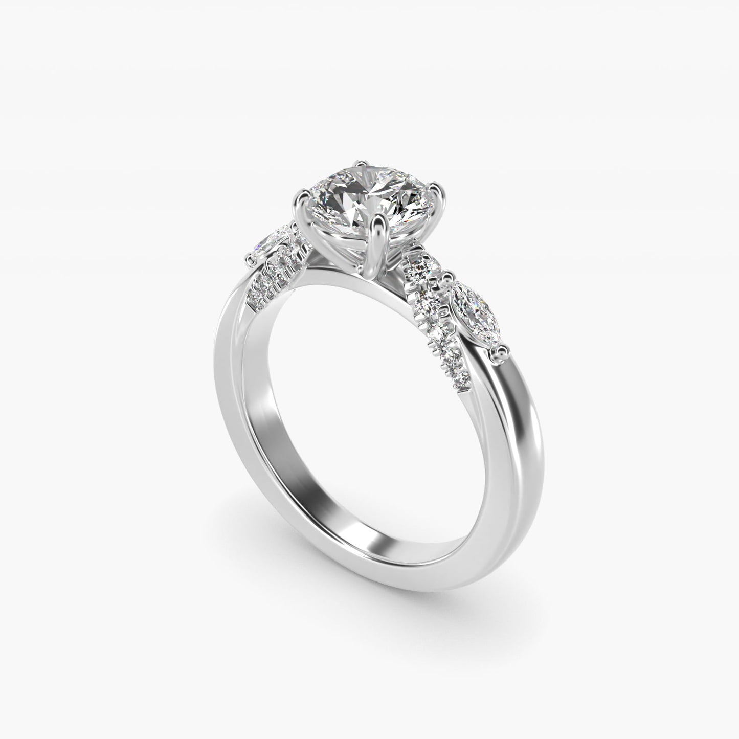 Diamond Marquise Shoulder Engagement Ring in 18k White Gold (1/4 ct. tw.) - Round Center