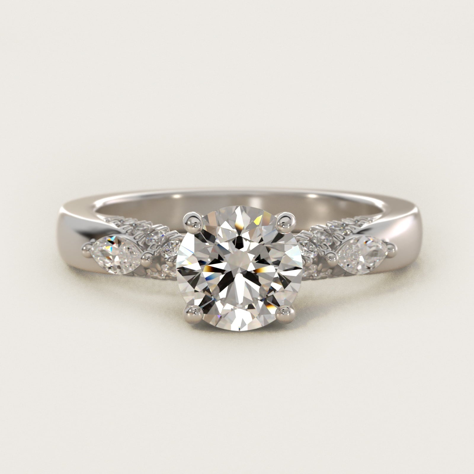 Diamond Marquise Shoulder Engagement Ring in 18k White Gold (1/4 ct. tw.) - Round Center
