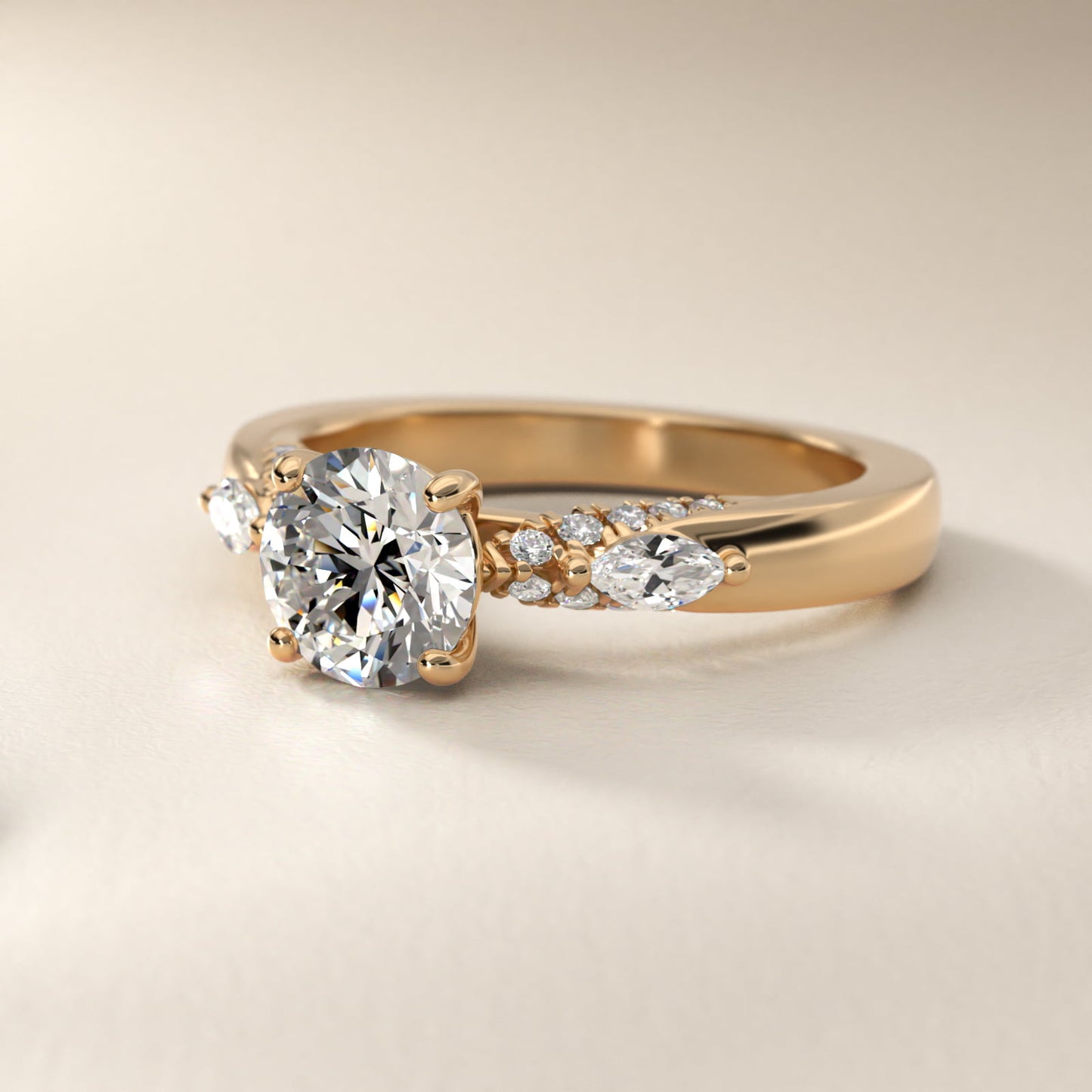 Diamond Marquise Shoulder Engagement Ring in 14k Yellow Gold (1/4 ct. tw.) - Round Center
