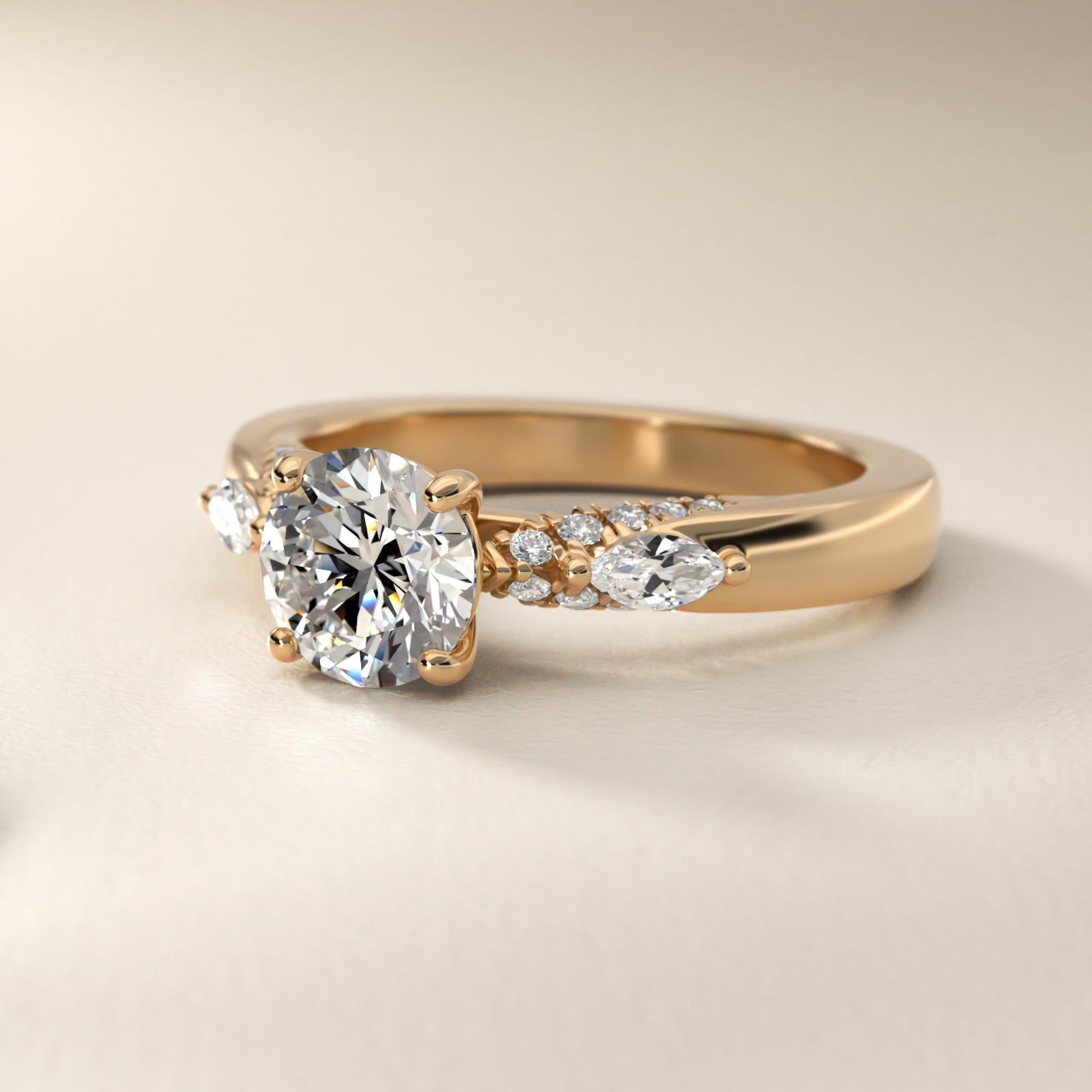Diamond Marquise Shoulder Engagement Ring in 18k Yellow Gold (1/4 ct. tw.) - Round Center