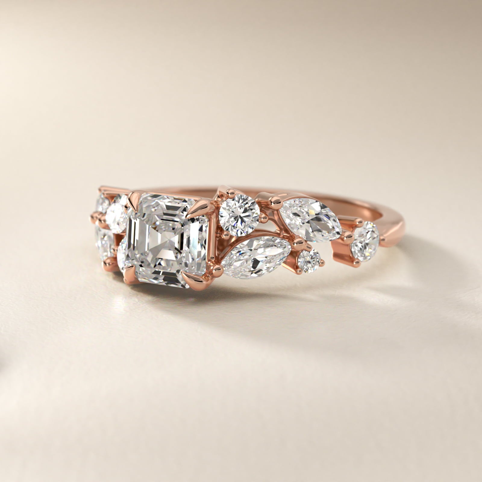 Diamond Nest Side Stone Engagement Ring In 18k Rose Gold By James Allen - Asscher Center