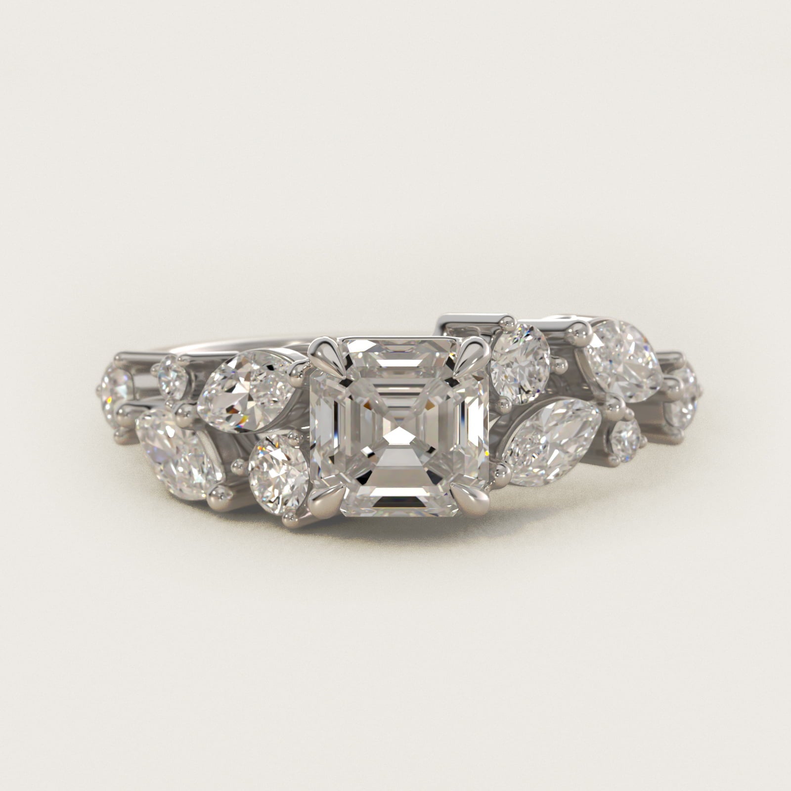 Diamond Nest Side Stone Engagement Ring In 18k White Gold By James Allen - Asscher Center