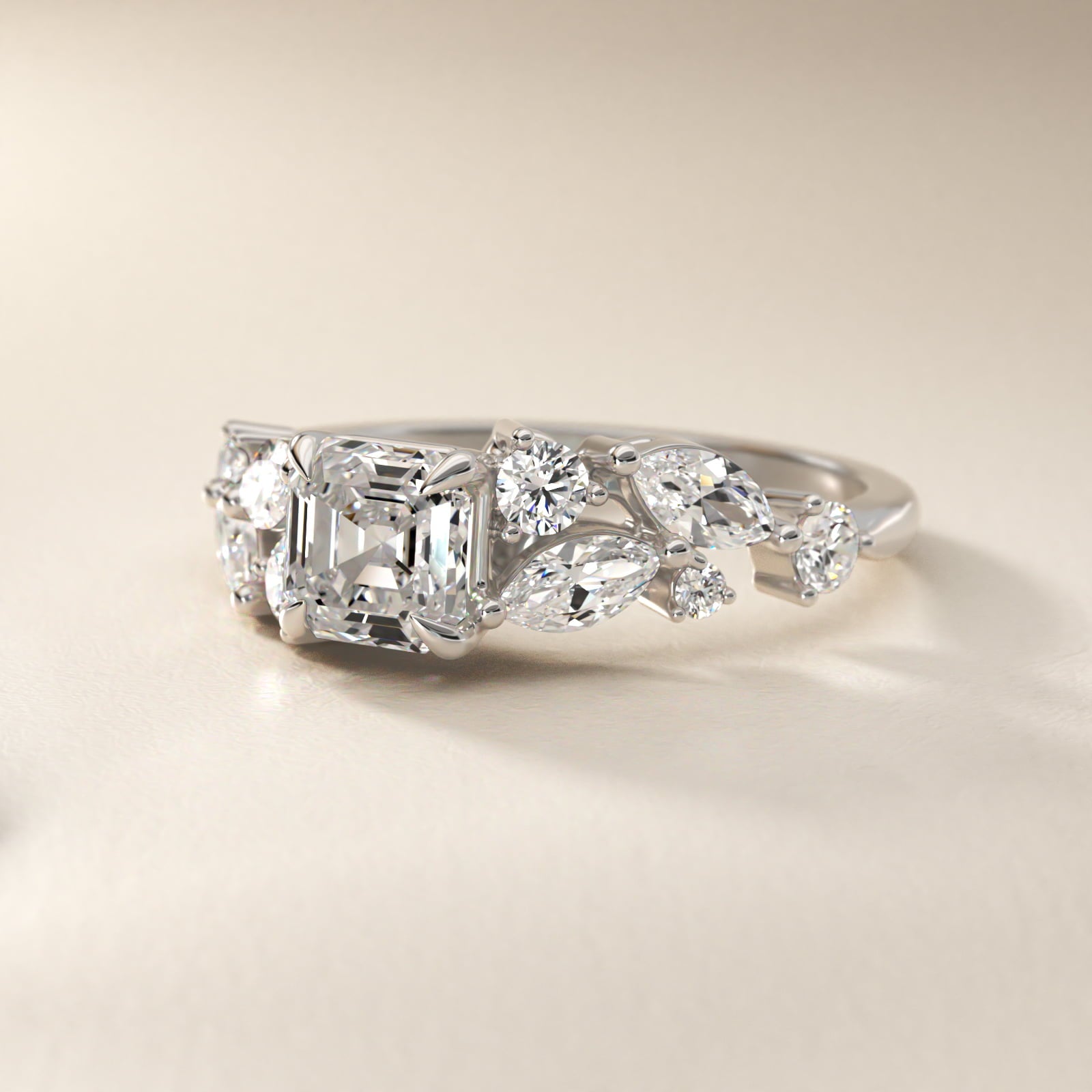 Diamond Nest Side Stone Engagement Ring In Platinum By James Allen - Asscher Center