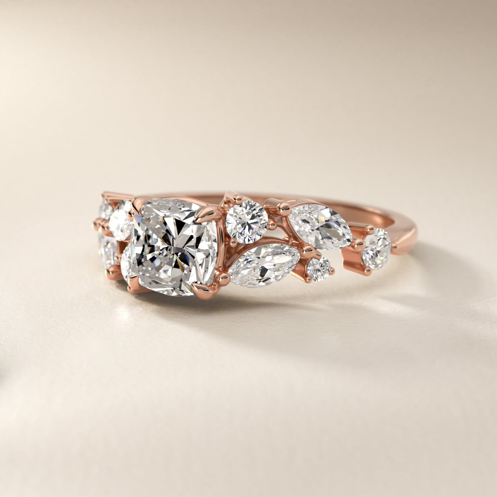 Diamond Nest Side Stone Engagement Ring In 18k Rose Gold By James Allen - Cushion Center