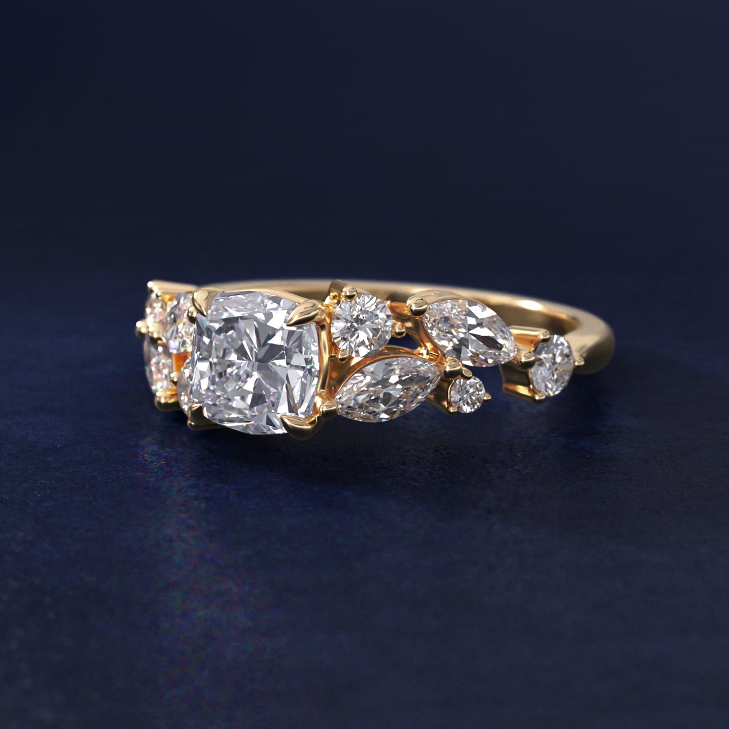 Diamond Nest Side Stone Engagement Ring In 14K Yellow Gold By James Allen - Cushion Center