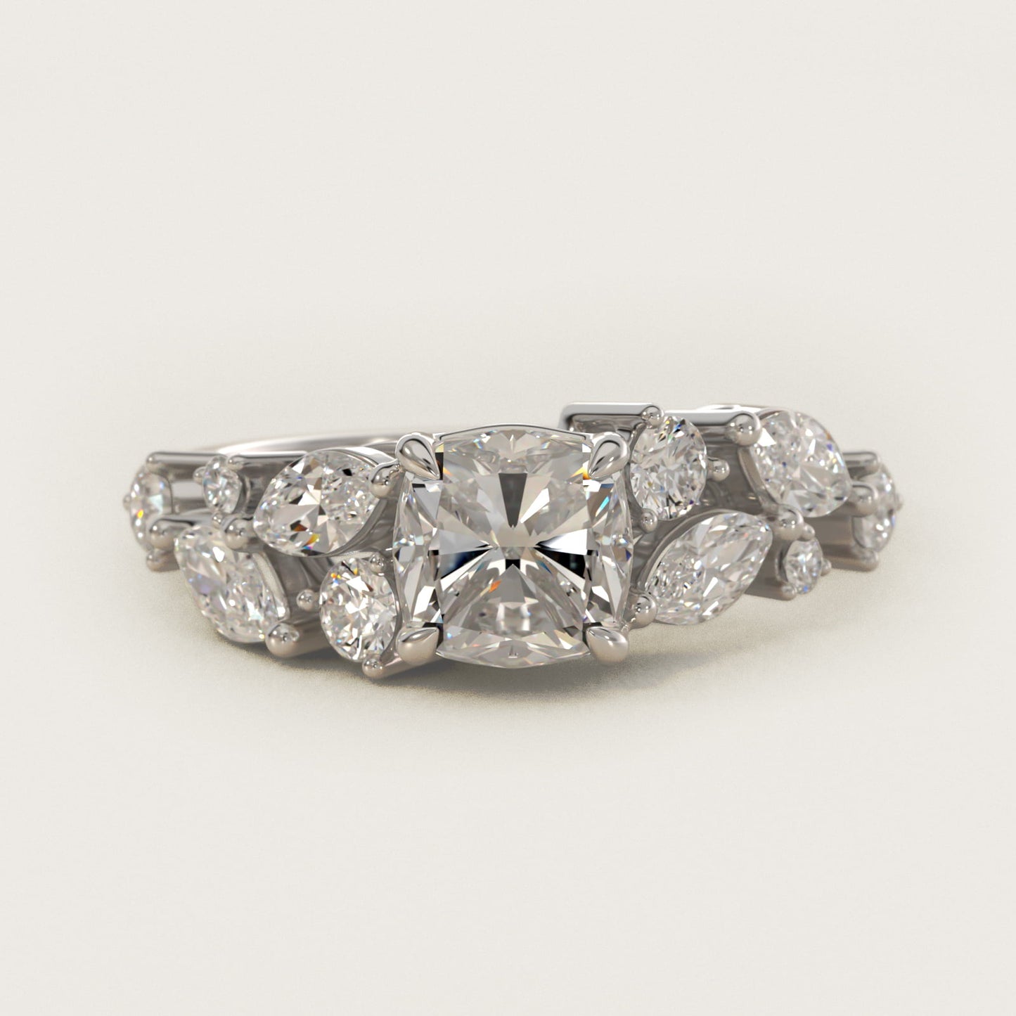 Diamond Nest Side Stone Engagement Ring In Platinum By James Allen - Cushion Center
