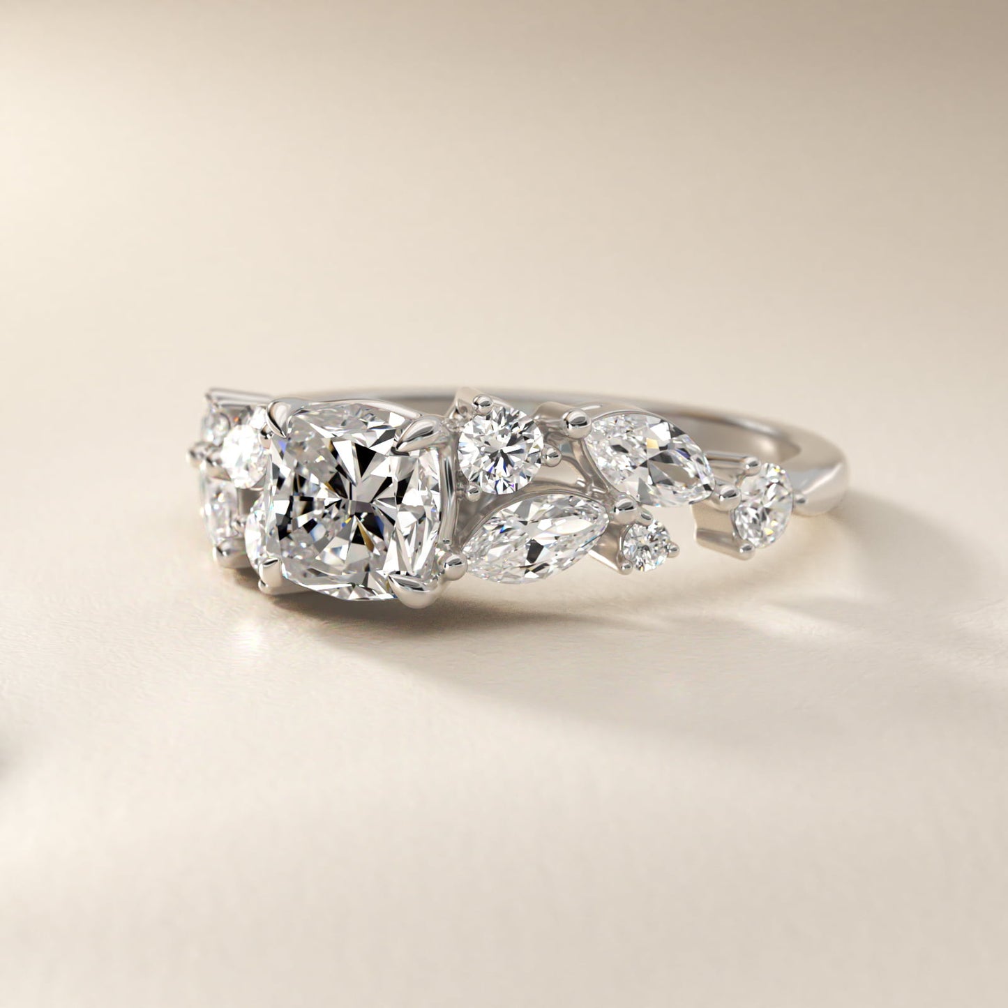 Diamond Nest Side Stone Engagement Ring In Platinum By James Allen - Cushion Center