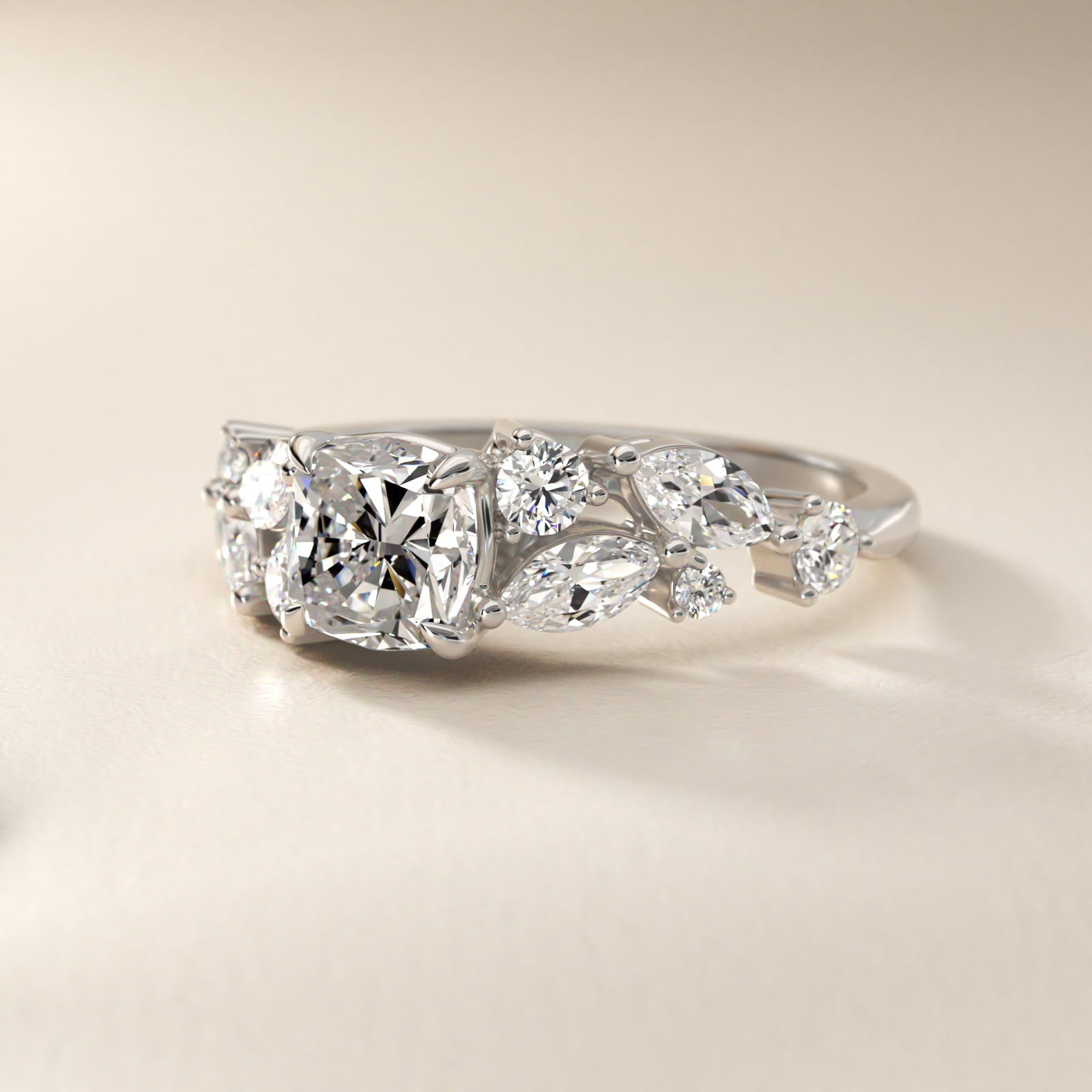 Diamond Nest Side Stone Engagement Ring In Platinum By James Allen - Cushion Center