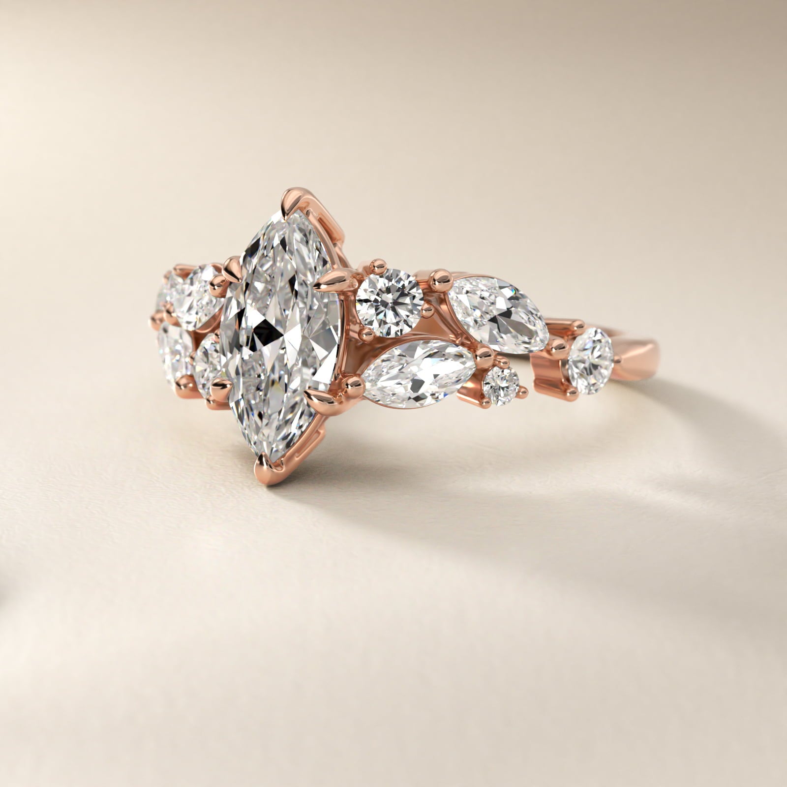 Diamond Nest Side Stone Engagement Ring In 18k Rose Gold By James Allen - Marquise Center