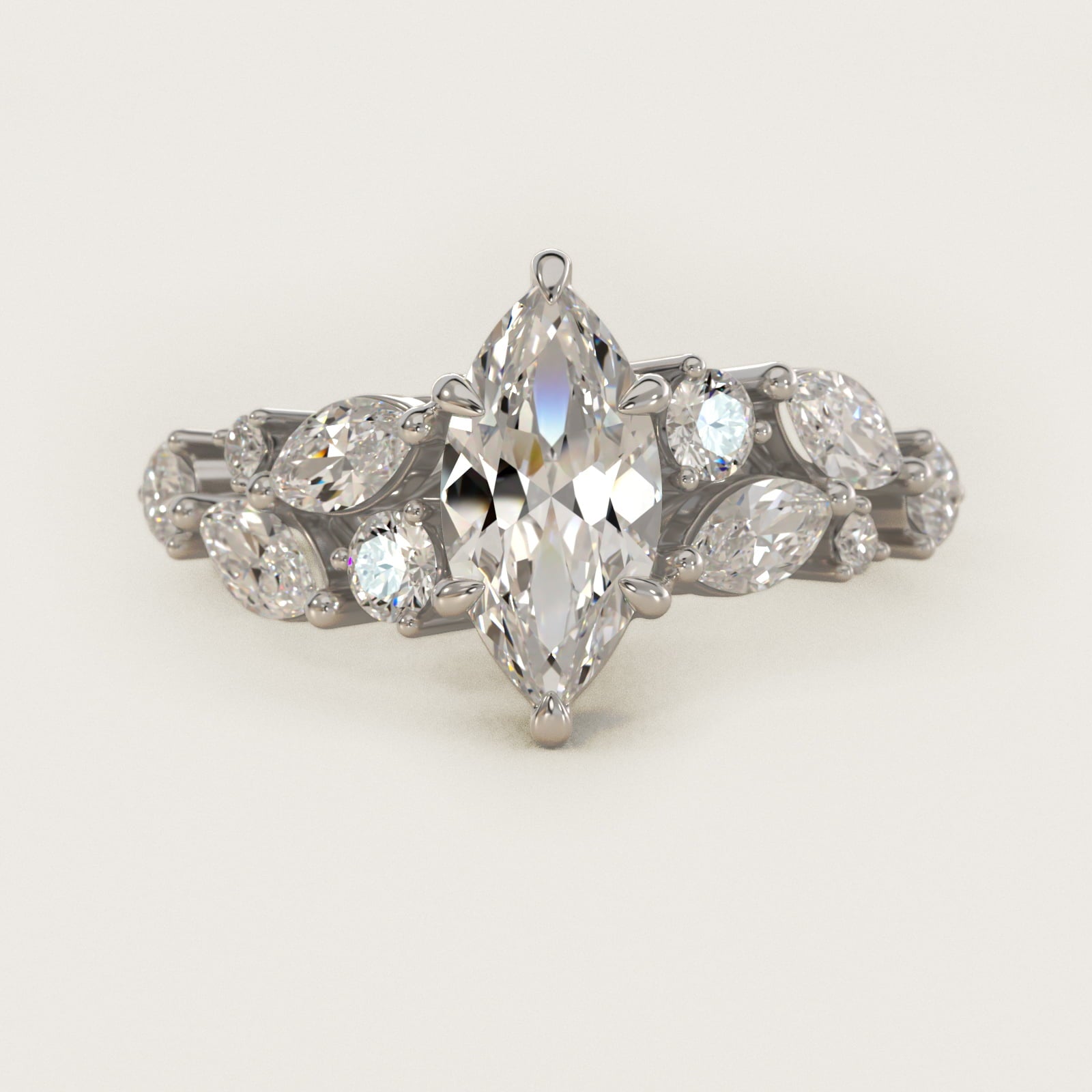 Diamond Nest Side Stone Engagement Ring In 18k White Gold By James Allen - Marquise Center