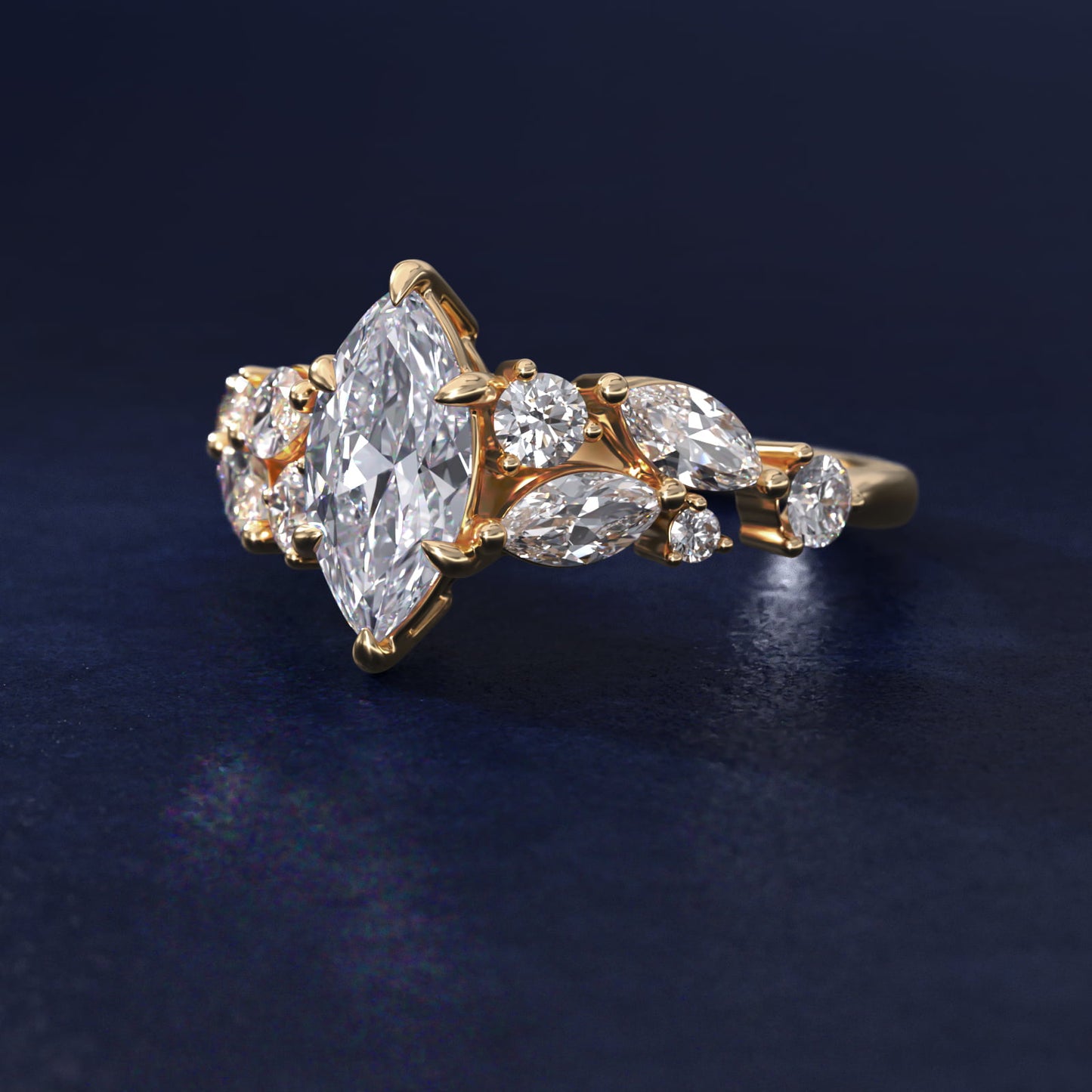 Diamond Nest Side Stone Engagement Ring In 14K Yellow Gold By James Allen - Marquise Center