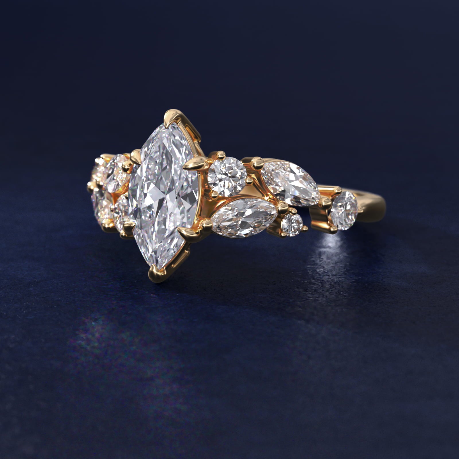Diamond Nest Side Stone Engagement Ring In 14K Yellow Gold By James Allen - Marquise Center