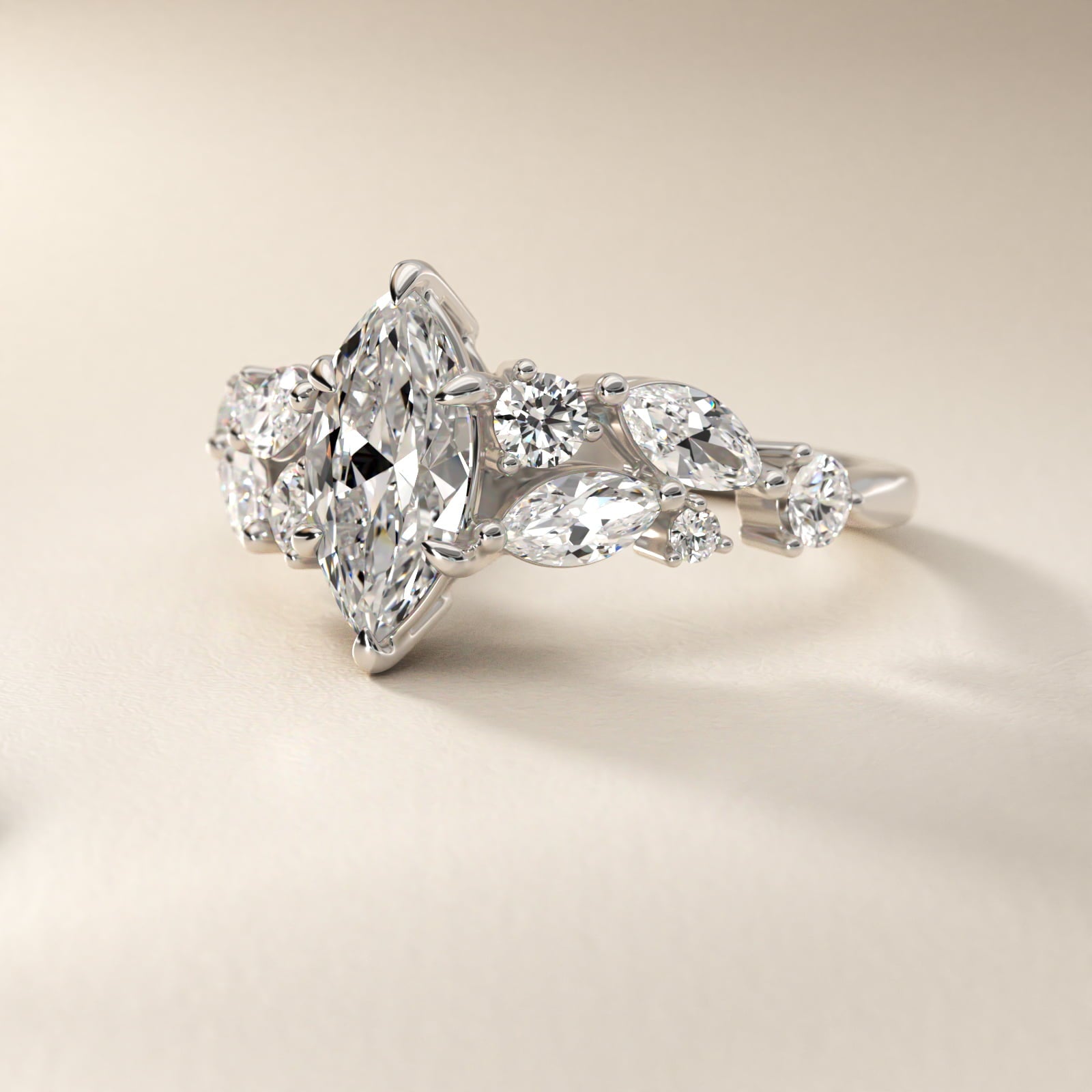 Diamond Nest Side Stone Engagement Ring In Platinum By James Allen - Marquise Center