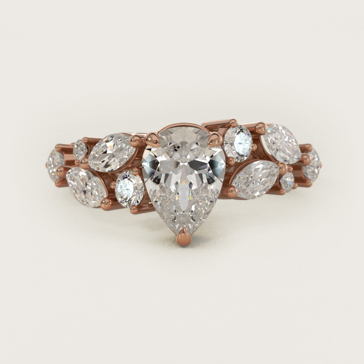 Diamond Nest Side Stone Engagement Ring In 14K Rose Gold By James Allen - Pear Center