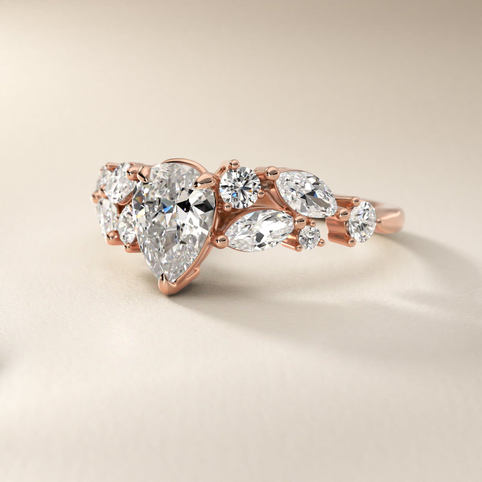 Diamond Nest Side Stone Engagement Ring In 18k Rose Gold By James Allen - Pear Center