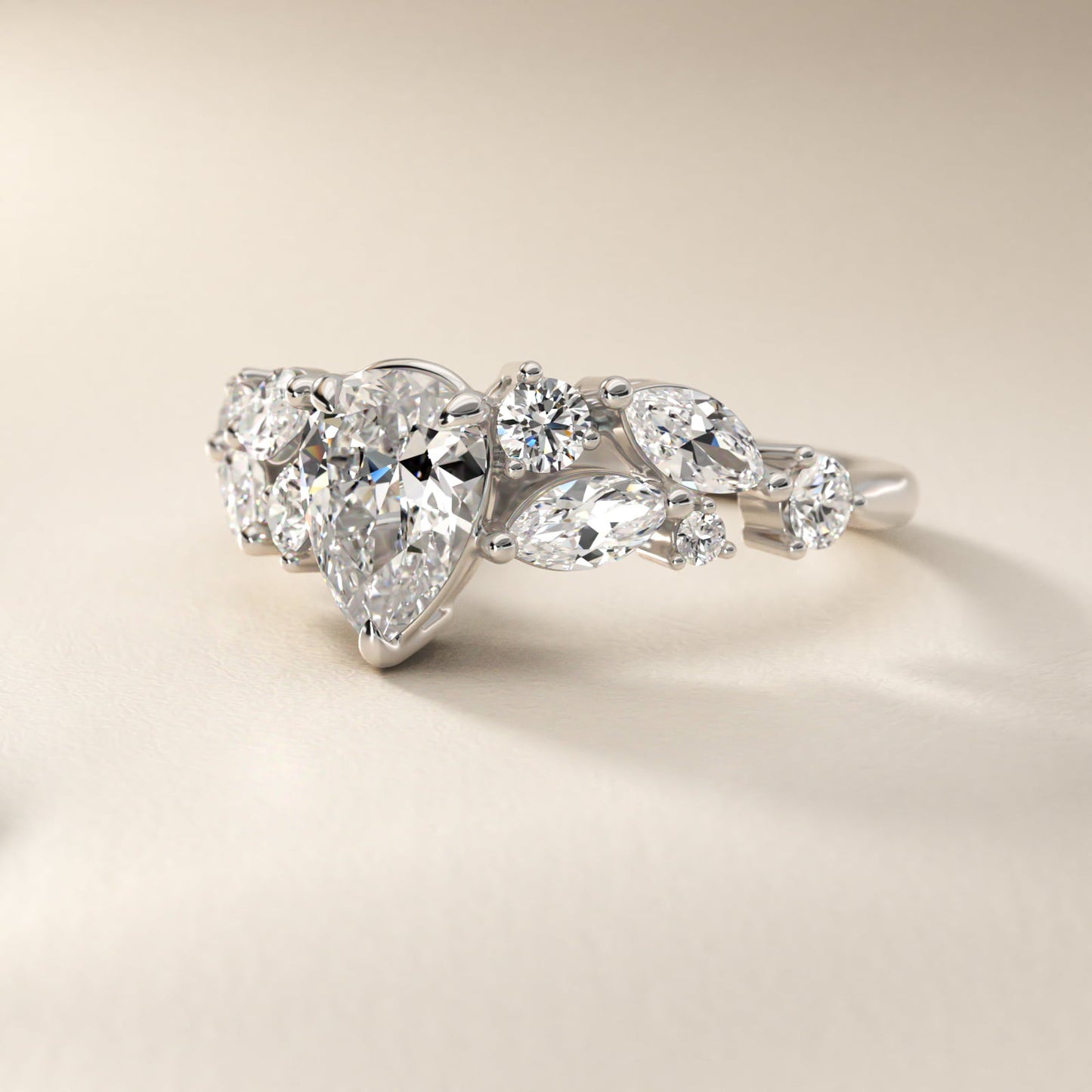 Diamond Nest Side Stone Engagement Ring In Platinum By James Allen - Pear Center