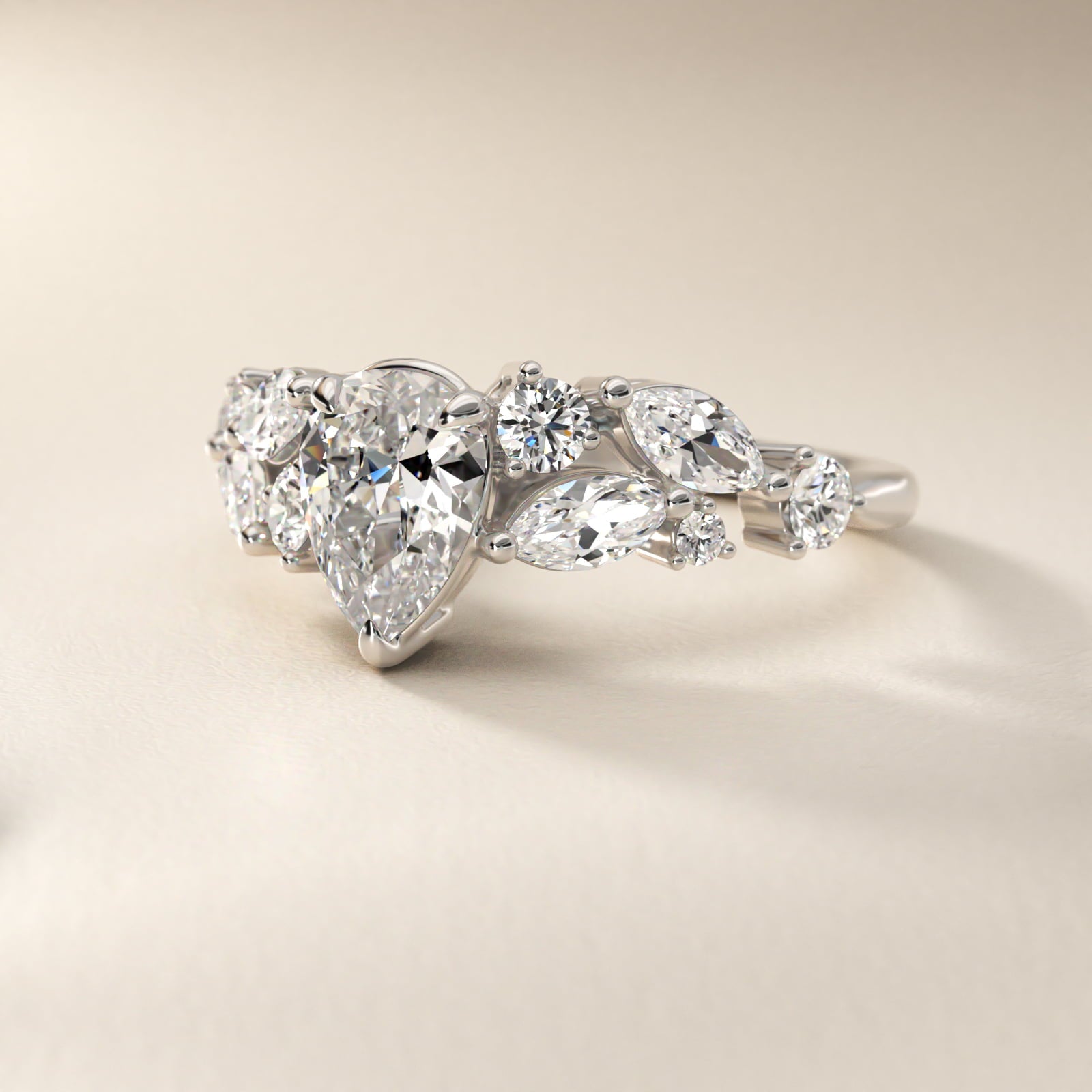Diamond Nest Side Stone Engagement Ring In Platinum By James Allen - Pear Center