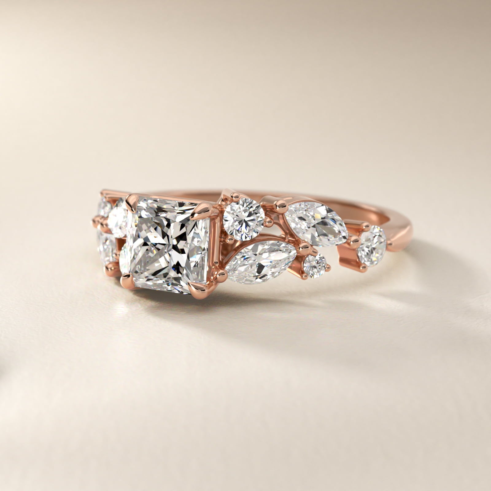 Diamond Nest Side Stone Engagement Ring In 14K Rose Gold By James Allen - Princess Center