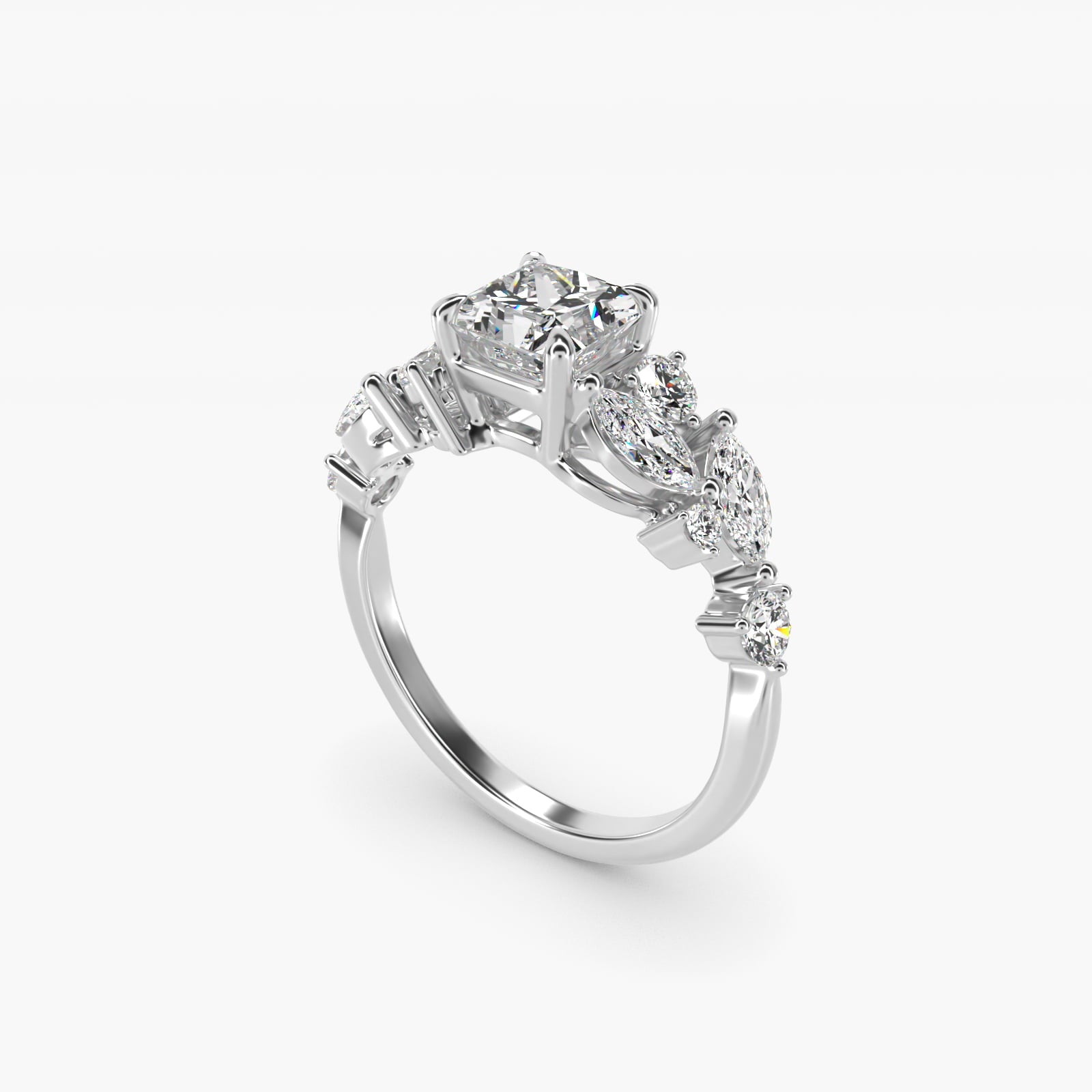 Diamond Nest Side Stone Engagement Ring In 14K White Gold By James Allen - Princess Center