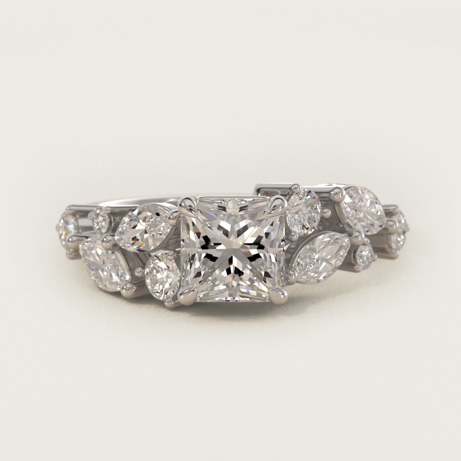 Diamond Nest Side Stone Engagement Ring In 14K White Gold By James Allen - Princess Center