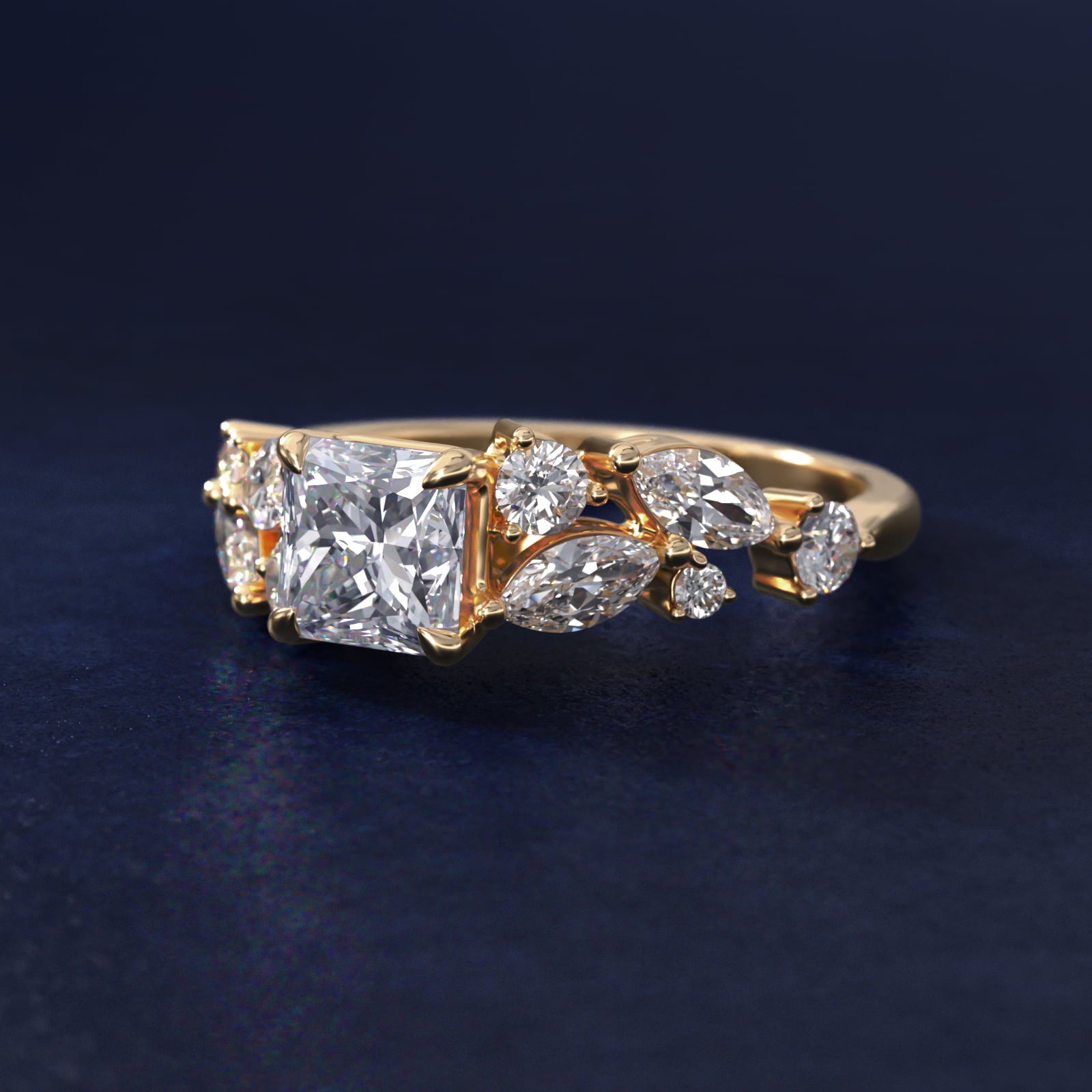 Diamond Nest Side Stone Engagement Ring In 18k Yellow Gold By James Allen - Princess Center