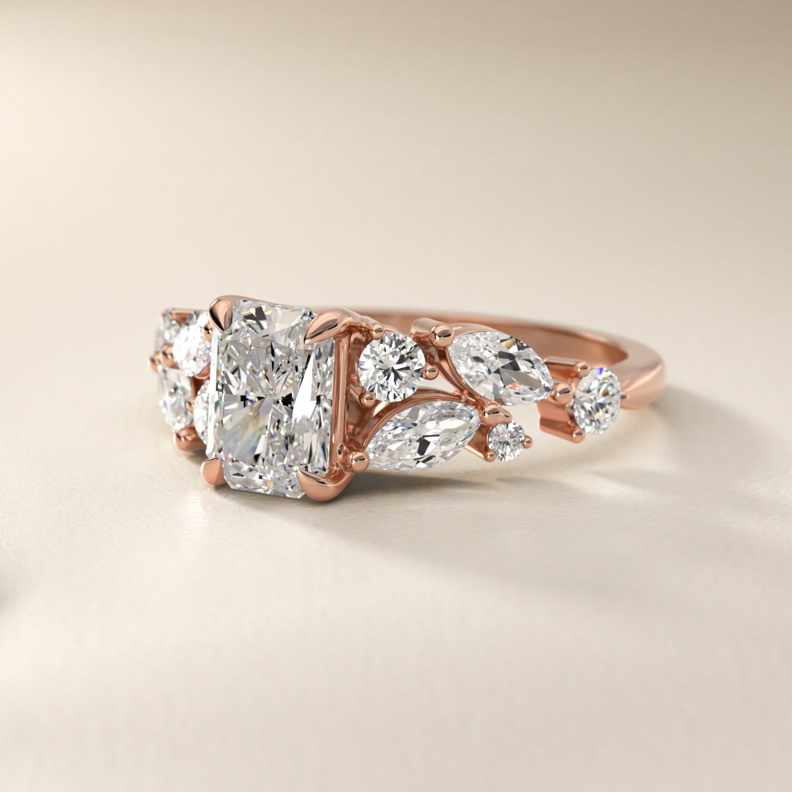 Diamond Nest Side Stone Engagement Ring In 18k Rose Gold By James Allen - Radiant Center