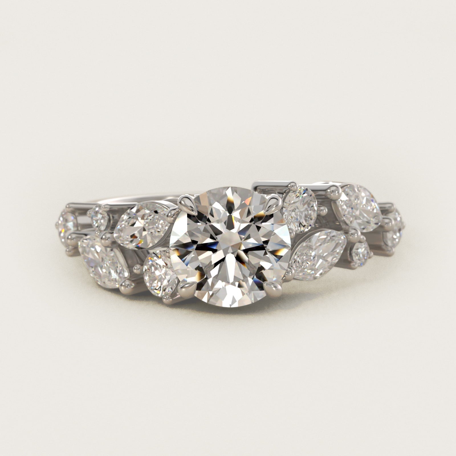 Diamond Nest Side Stone Engagement Ring In 18k White Gold By James Allen - Round Center