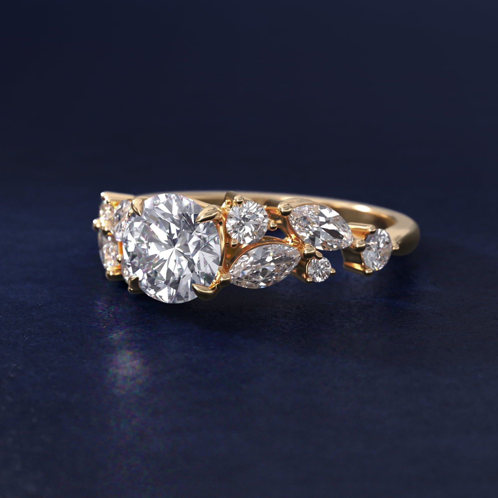 Diamond Nest Side Stone Engagement Ring In 14K Yellow Gold By James Allen - Round Center