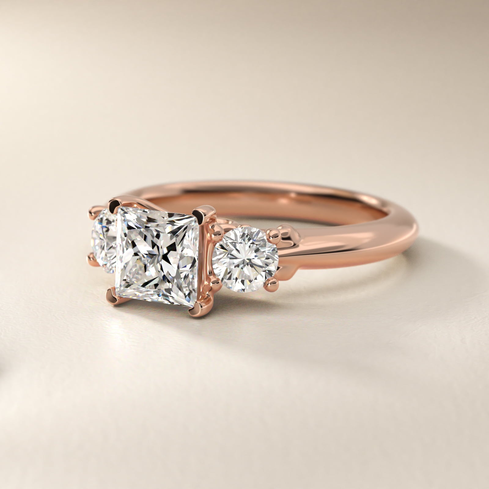 Diamond Three Stone Engagement Ring With Scroll Undergallery In 14K Rose Gold By James Allen - Princess Center