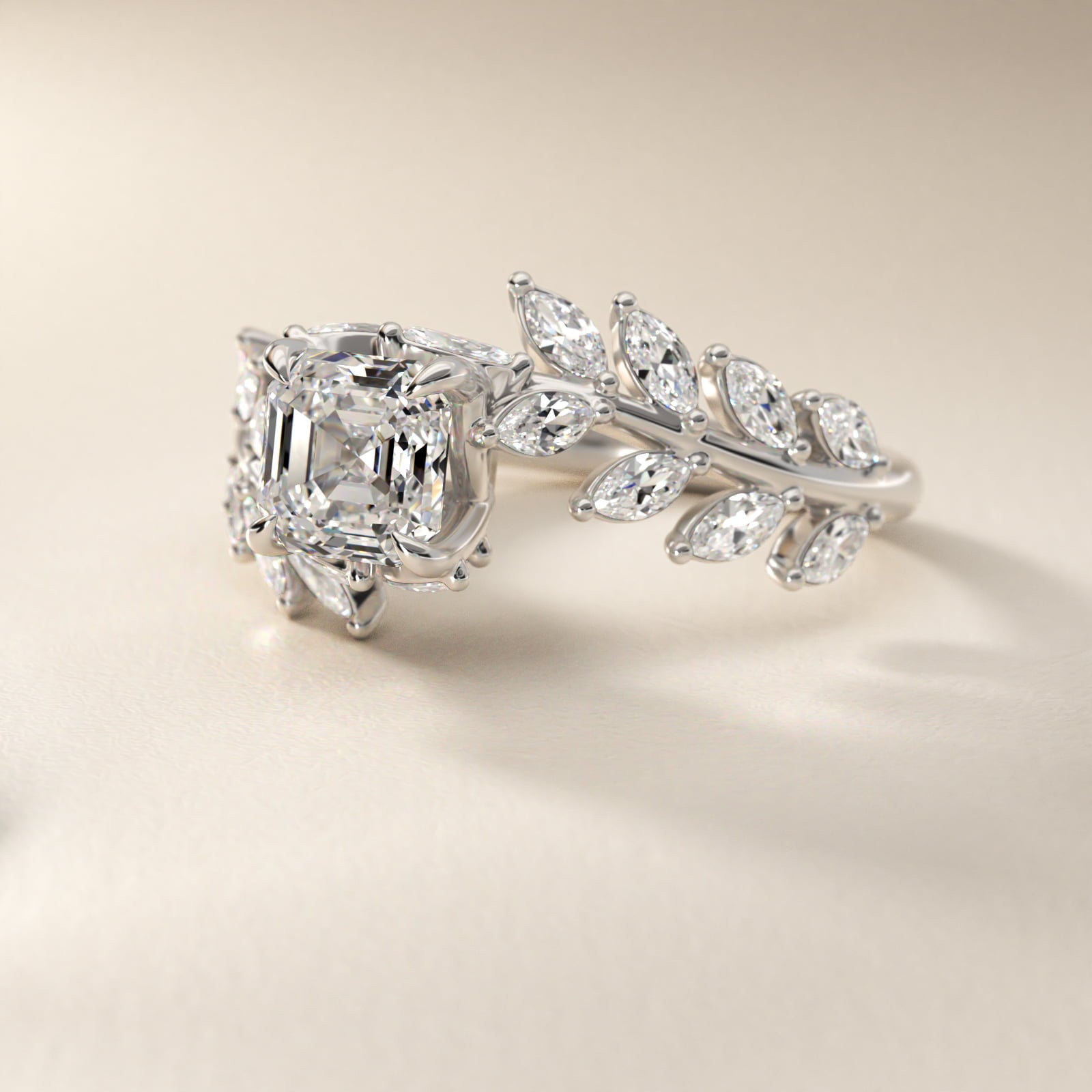 Diamond Vine Side Stone Engagement Ring In 18K White Gold By James Allen - Asscher Center